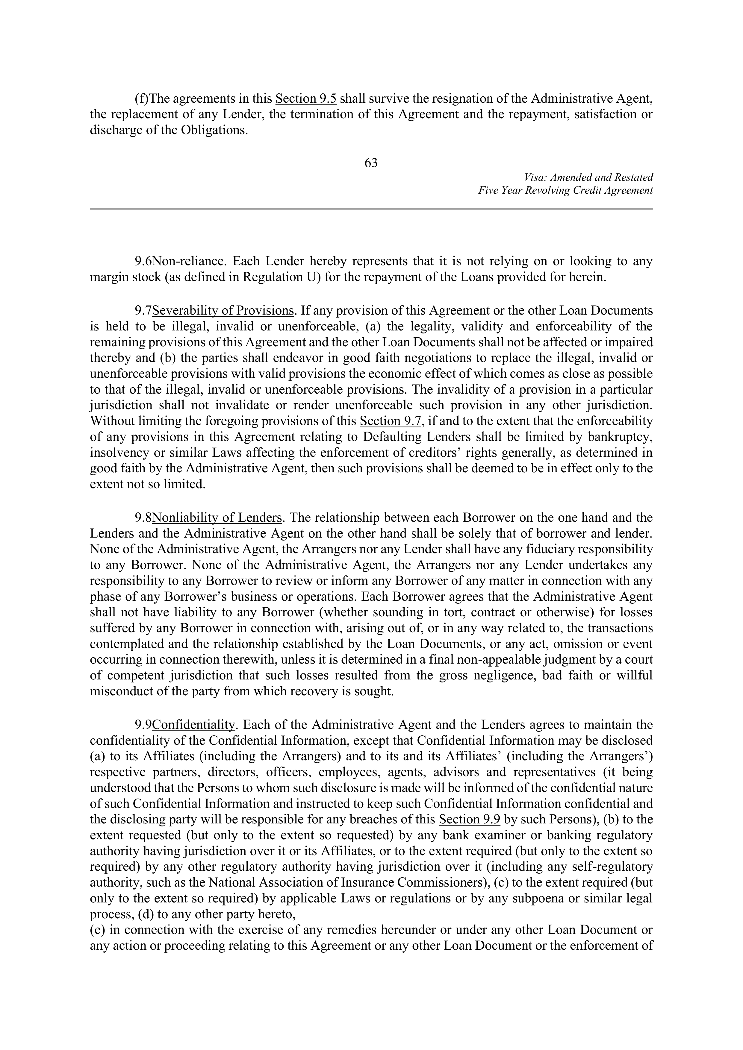VISA AMENDED AND RESTATED FIVE YEAR REVOLVING CREDIT AGREEMENT — page 74