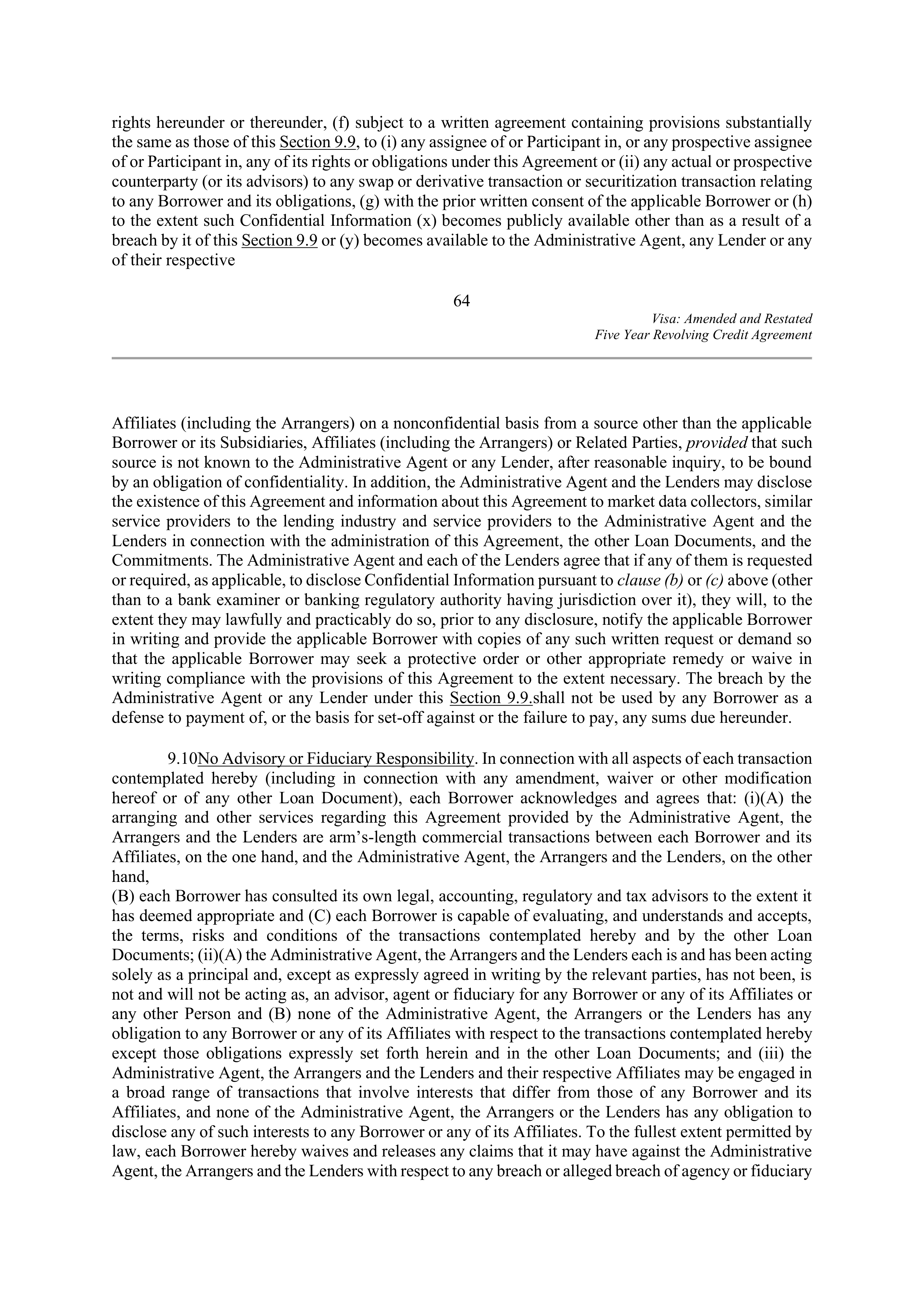 VISA AMENDED AND RESTATED FIVE YEAR REVOLVING CREDIT AGREEMENT — page 75