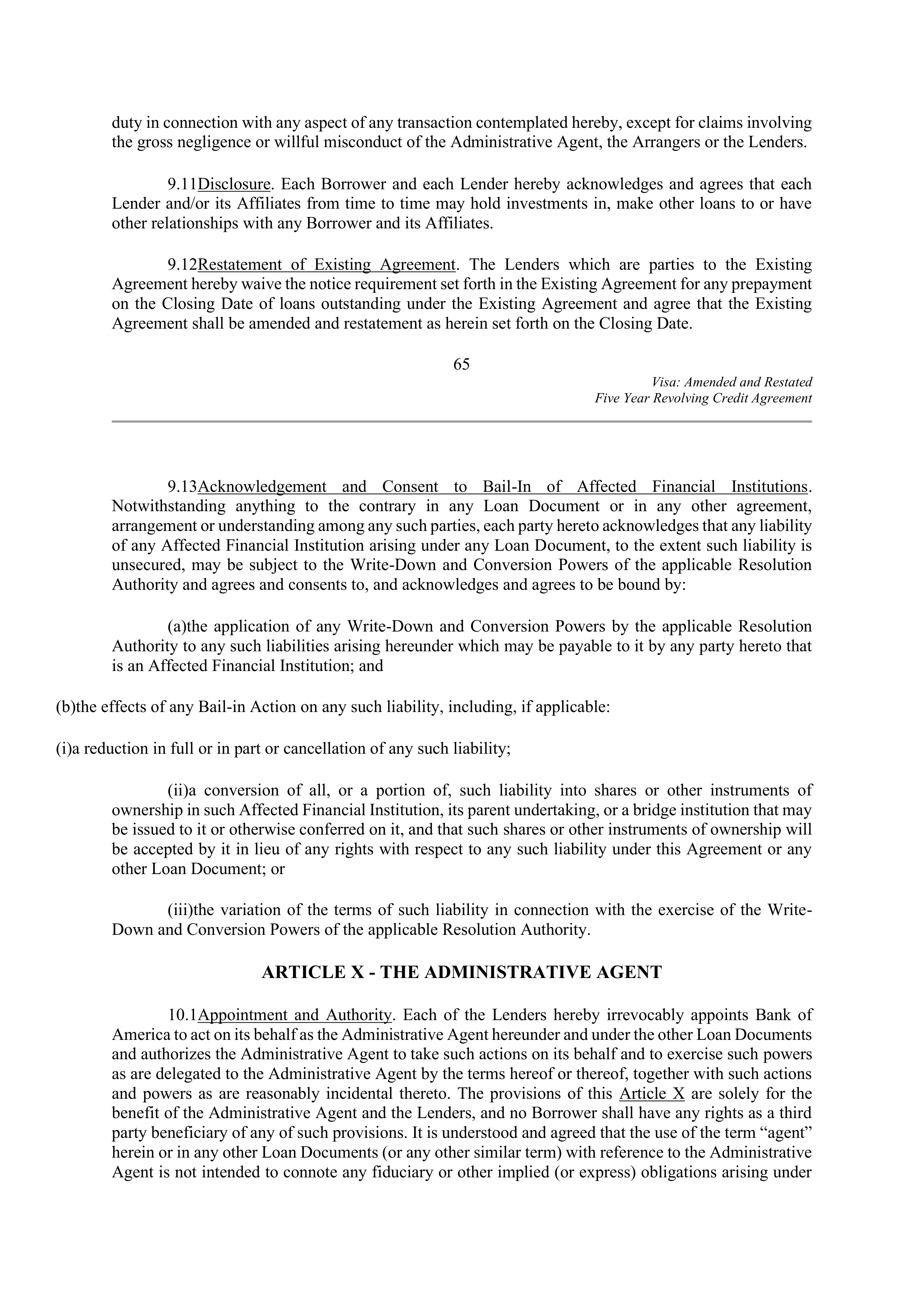 VISA AMENDED AND RESTATED FIVE YEAR REVOLVING CREDIT AGREEMENT — page 76