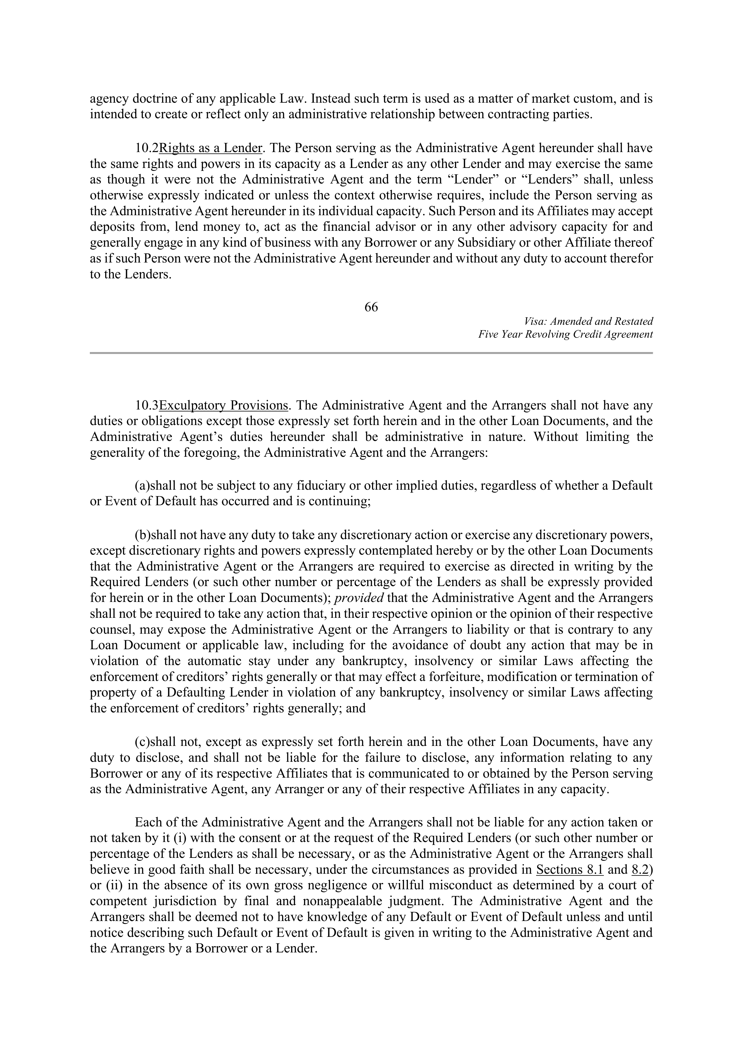 VISA AMENDED AND RESTATED FIVE YEAR REVOLVING CREDIT AGREEMENT — page 77
