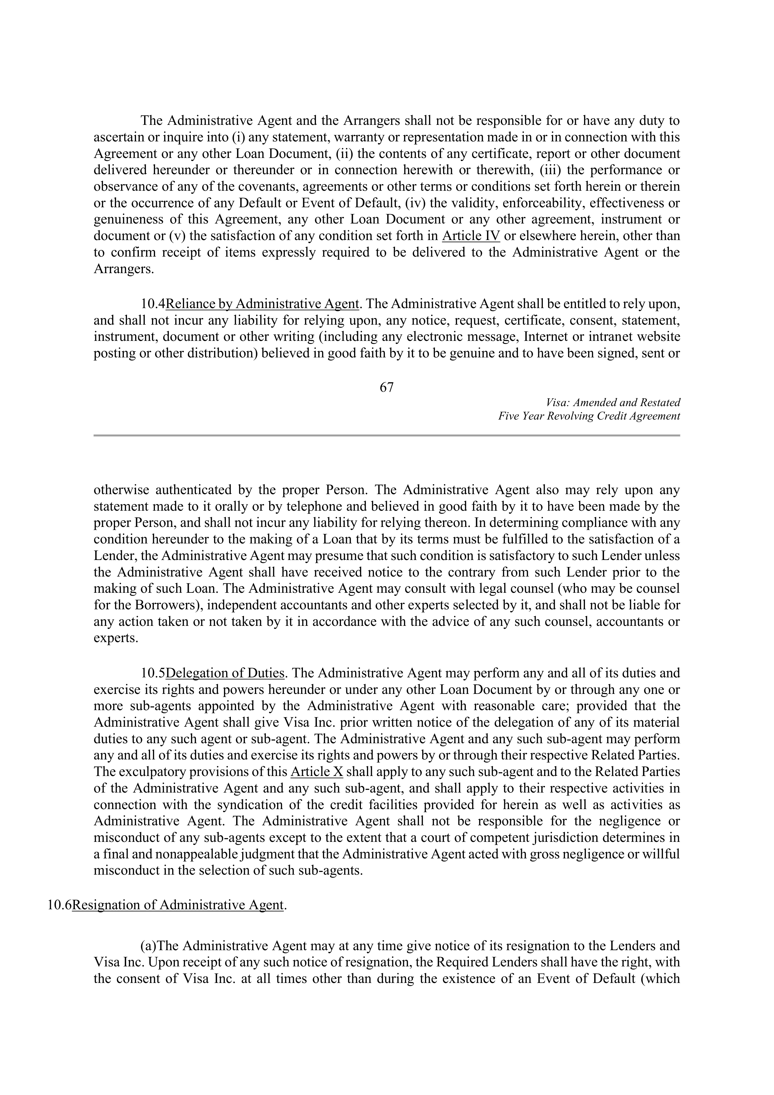 VISA AMENDED AND RESTATED FIVE YEAR REVOLVING CREDIT AGREEMENT — page 78
