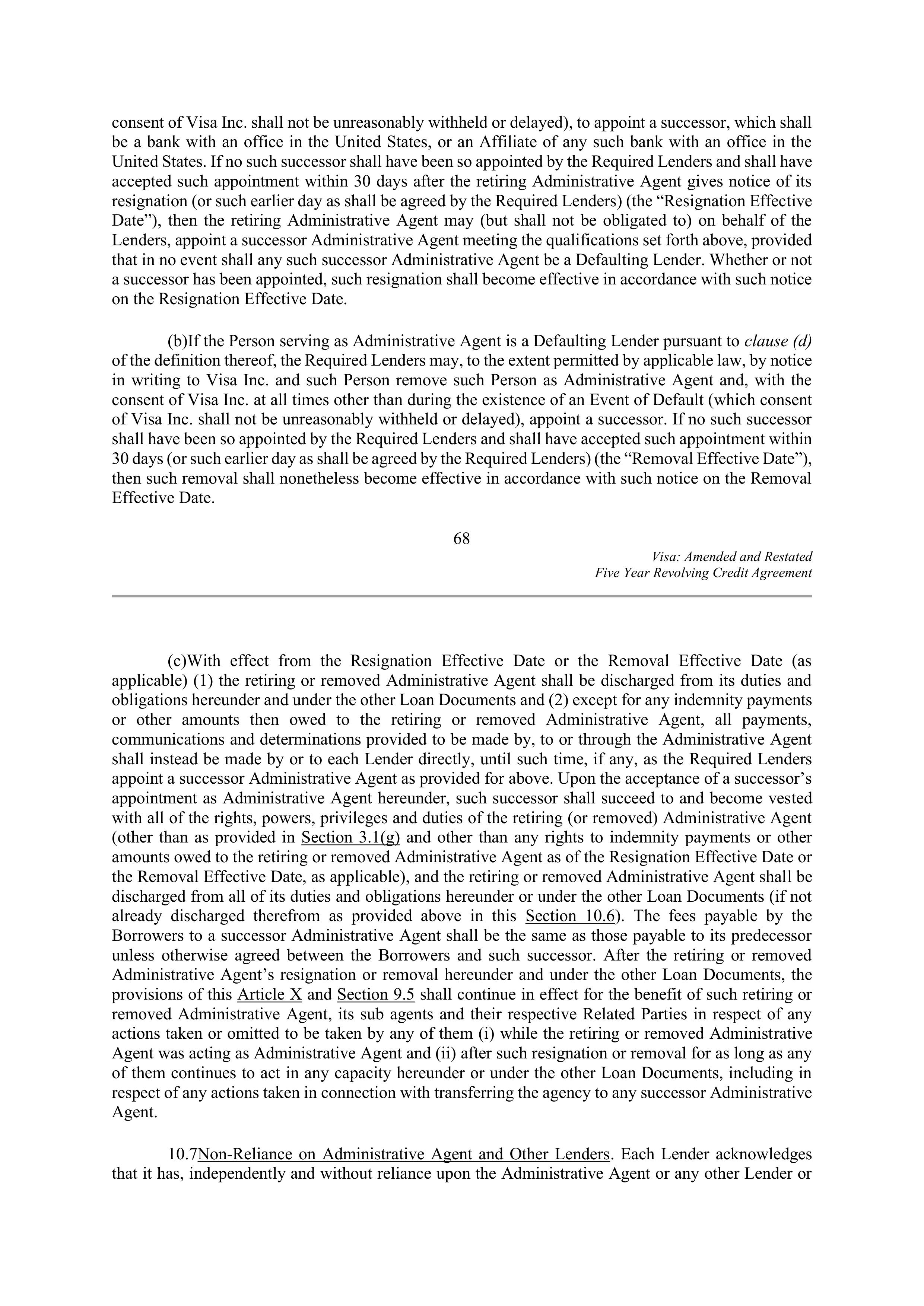 VISA AMENDED AND RESTATED FIVE YEAR REVOLVING CREDIT AGREEMENT — page 79