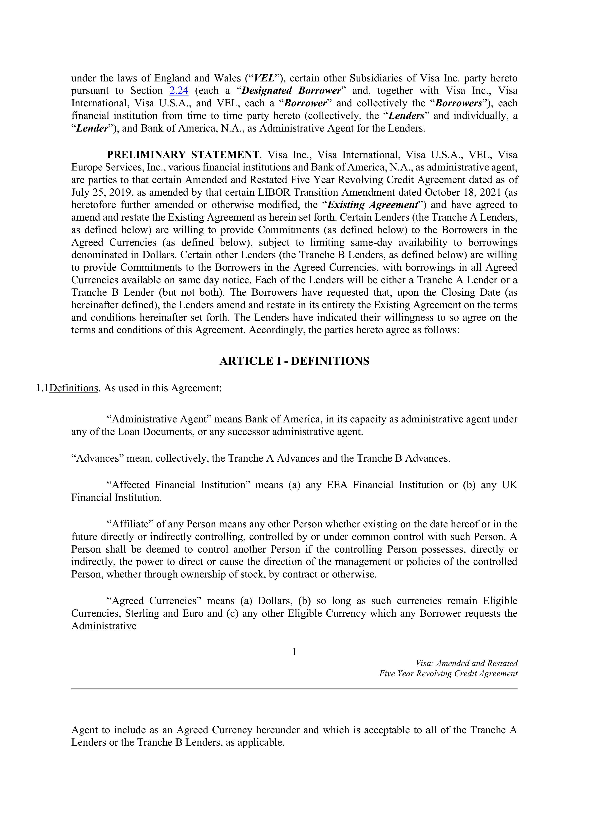 VISA AMENDED AND RESTATED FIVE YEAR REVOLVING CREDIT AGREEMENT — page 8