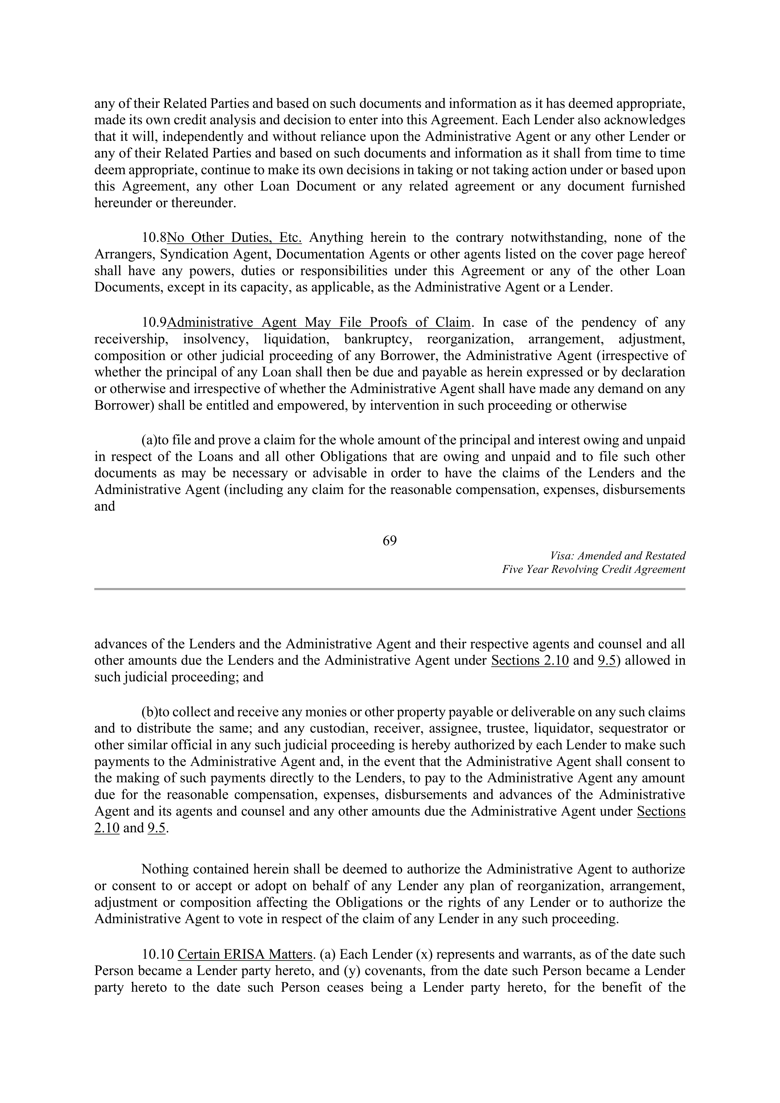 VISA AMENDED AND RESTATED FIVE YEAR REVOLVING CREDIT AGREEMENT — page 80