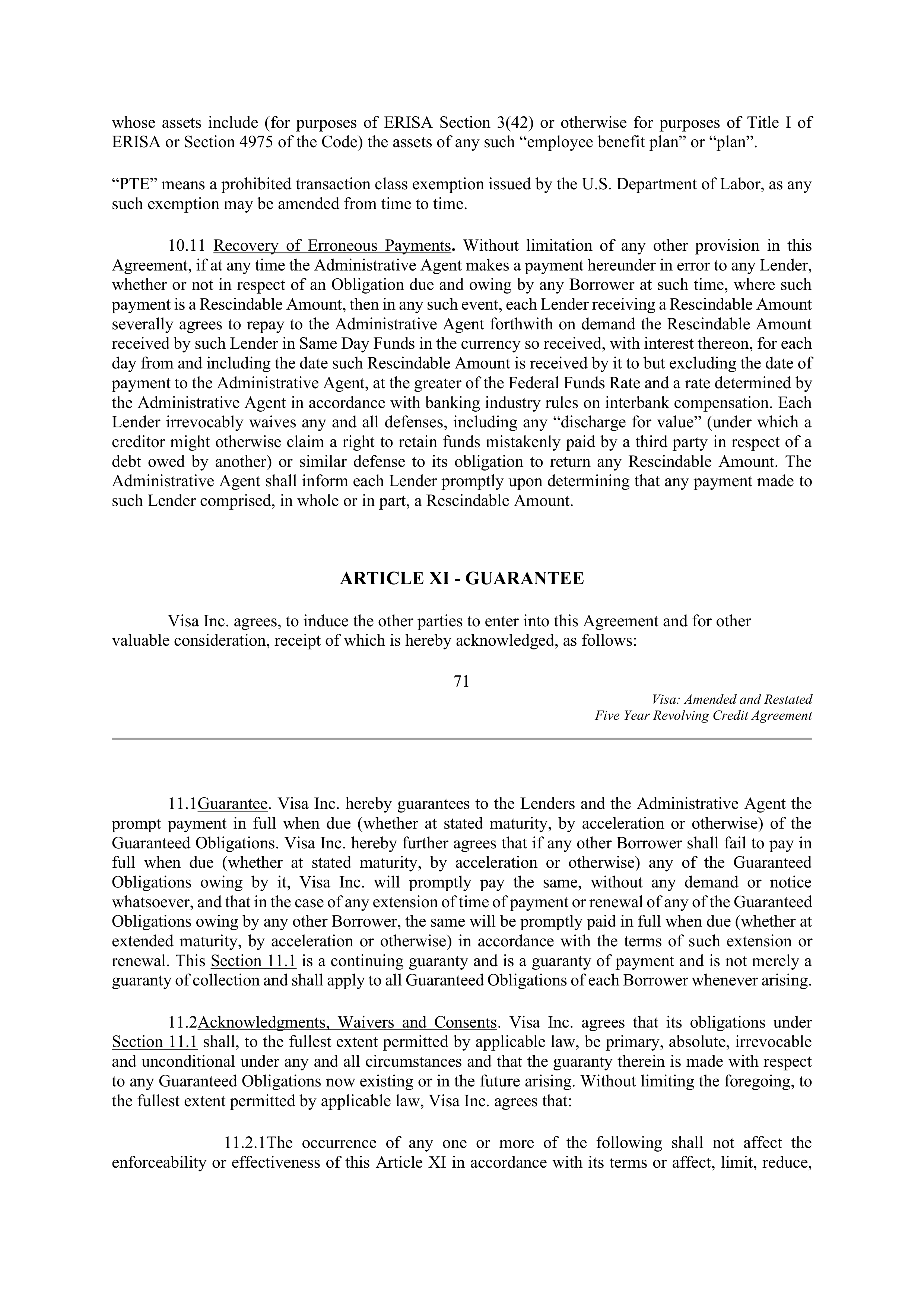 VISA AMENDED AND RESTATED FIVE YEAR REVOLVING CREDIT AGREEMENT — page 82