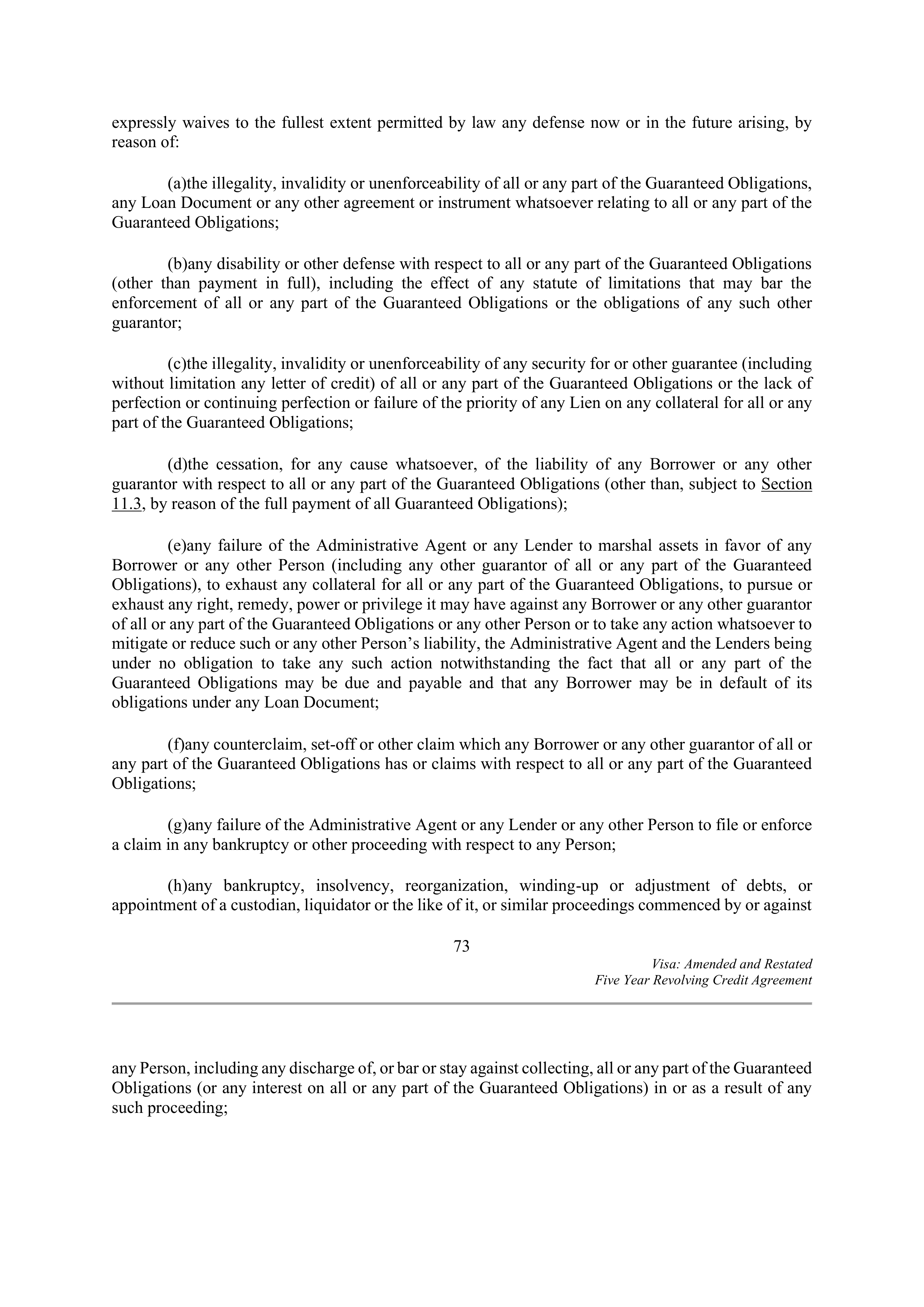 VISA AMENDED AND RESTATED FIVE YEAR REVOLVING CREDIT AGREEMENT — page 84