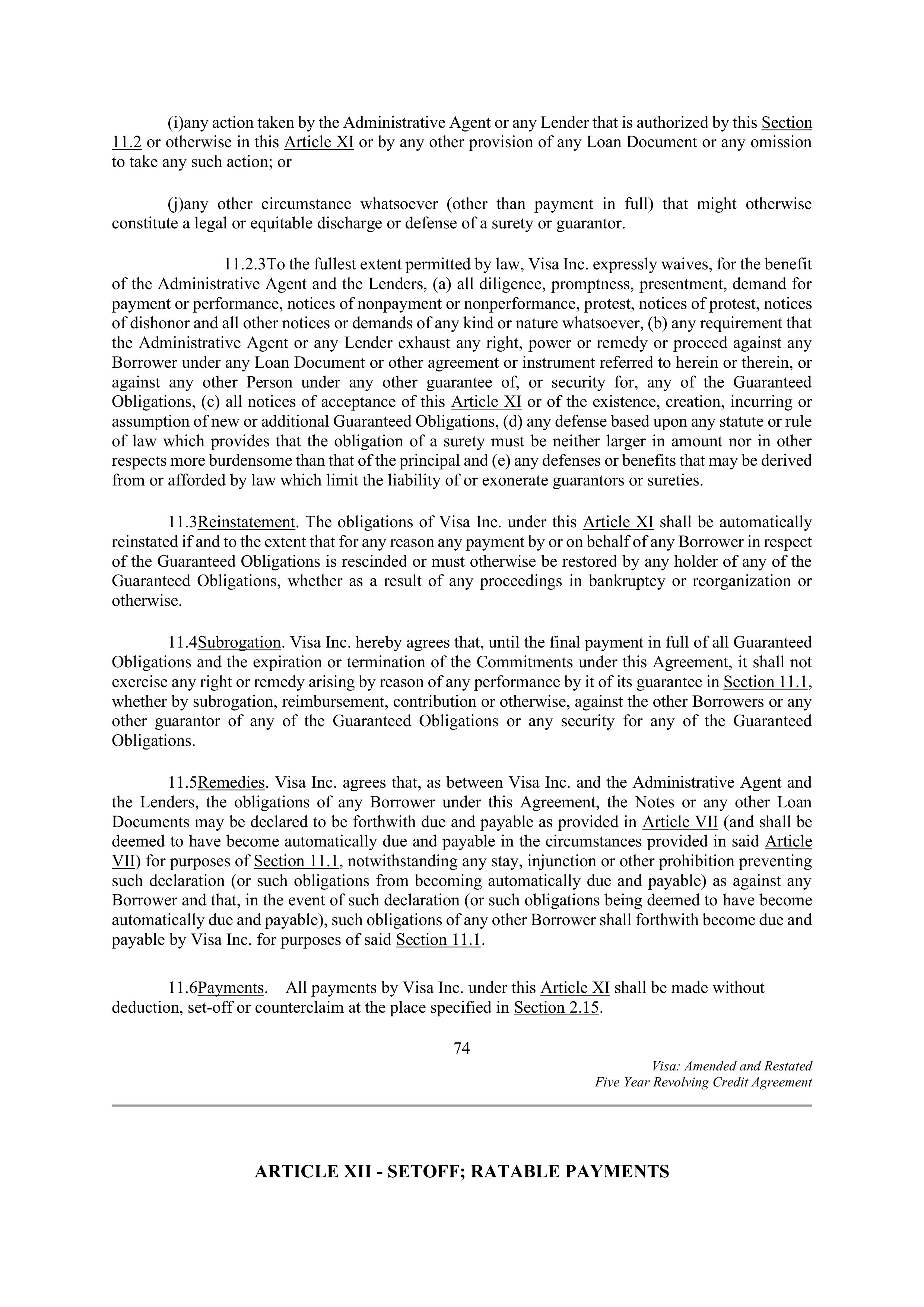 VISA AMENDED AND RESTATED FIVE YEAR REVOLVING CREDIT AGREEMENT — page 85