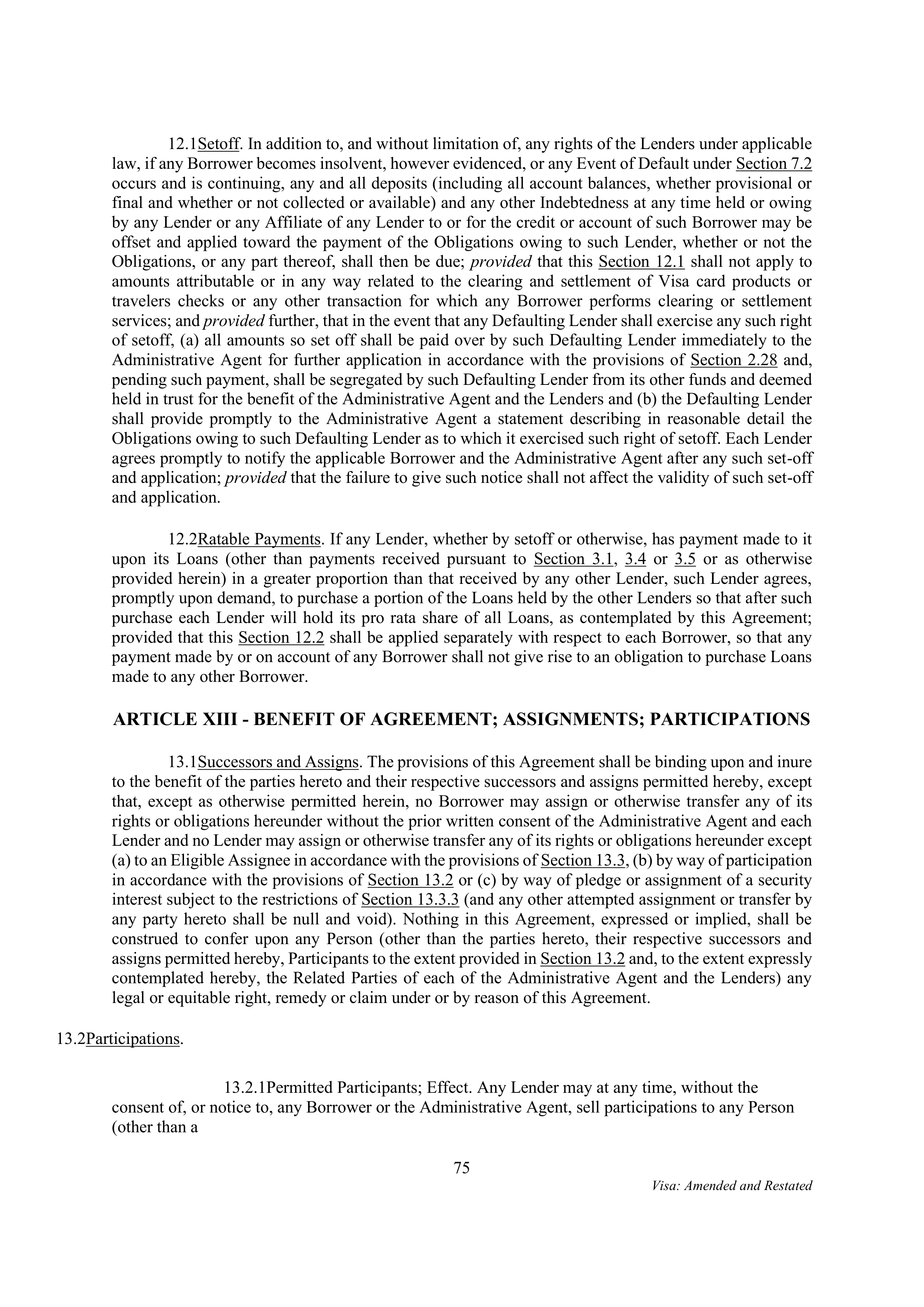 VISA AMENDED AND RESTATED FIVE YEAR REVOLVING CREDIT AGREEMENT — page 86