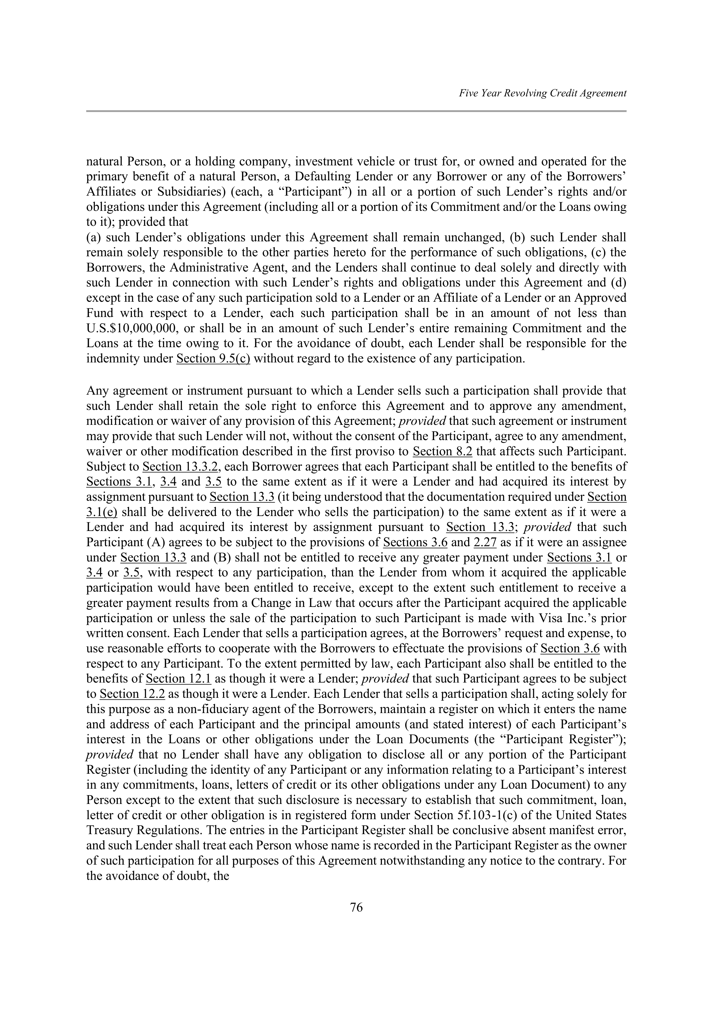 VISA AMENDED AND RESTATED FIVE YEAR REVOLVING CREDIT AGREEMENT — page 87