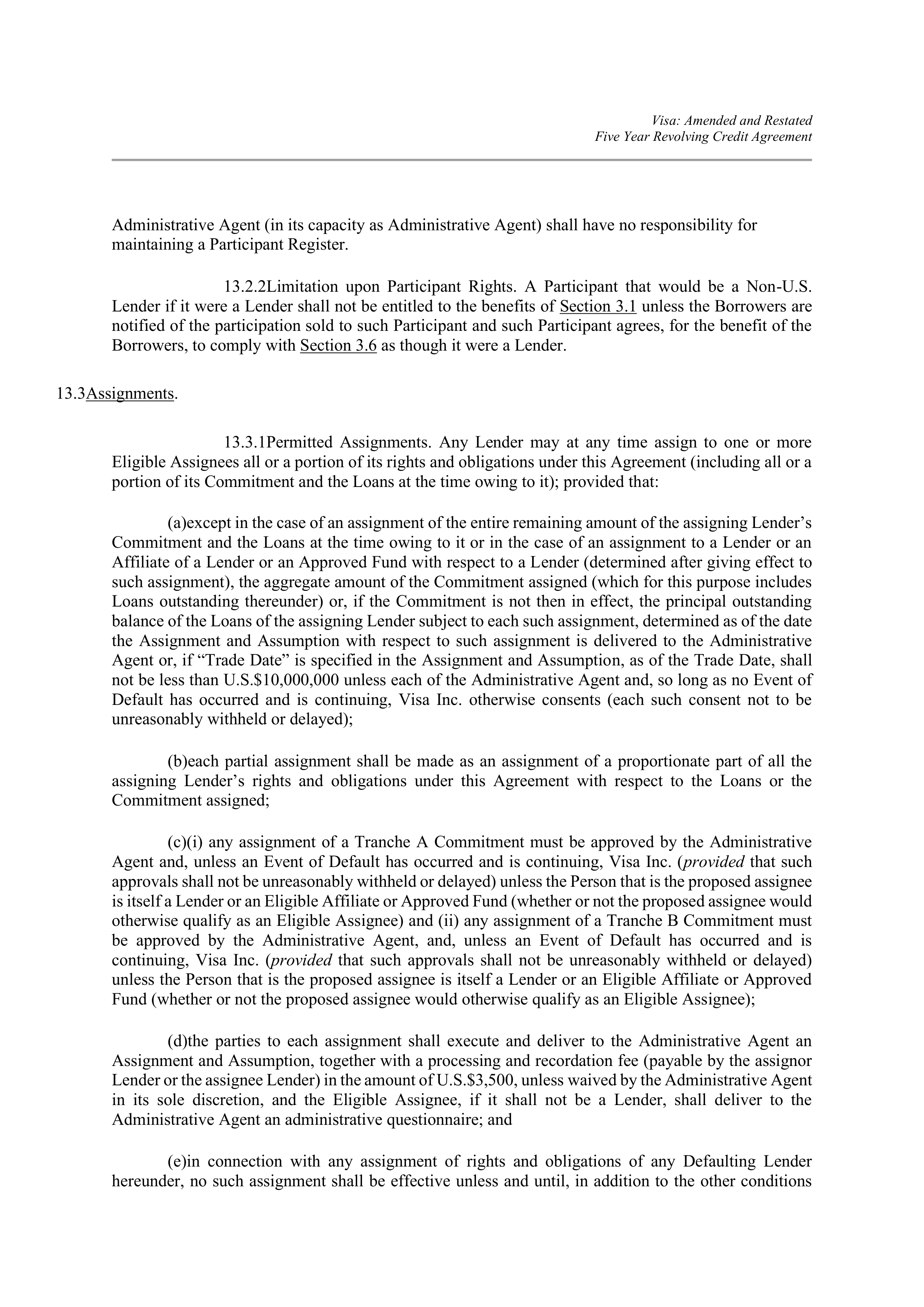 VISA AMENDED AND RESTATED FIVE YEAR REVOLVING CREDIT AGREEMENT — page 88