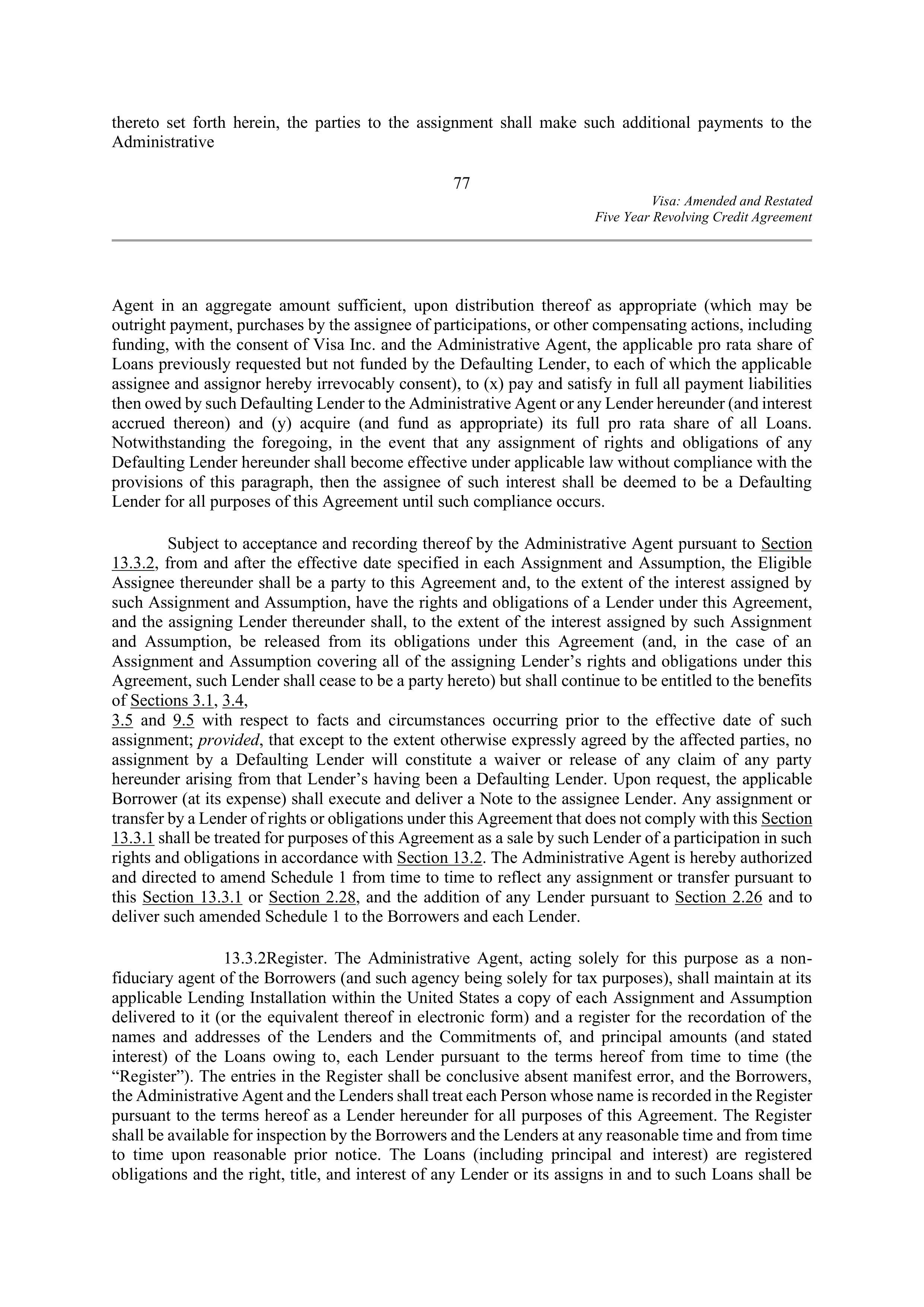 VISA AMENDED AND RESTATED FIVE YEAR REVOLVING CREDIT AGREEMENT — page 89