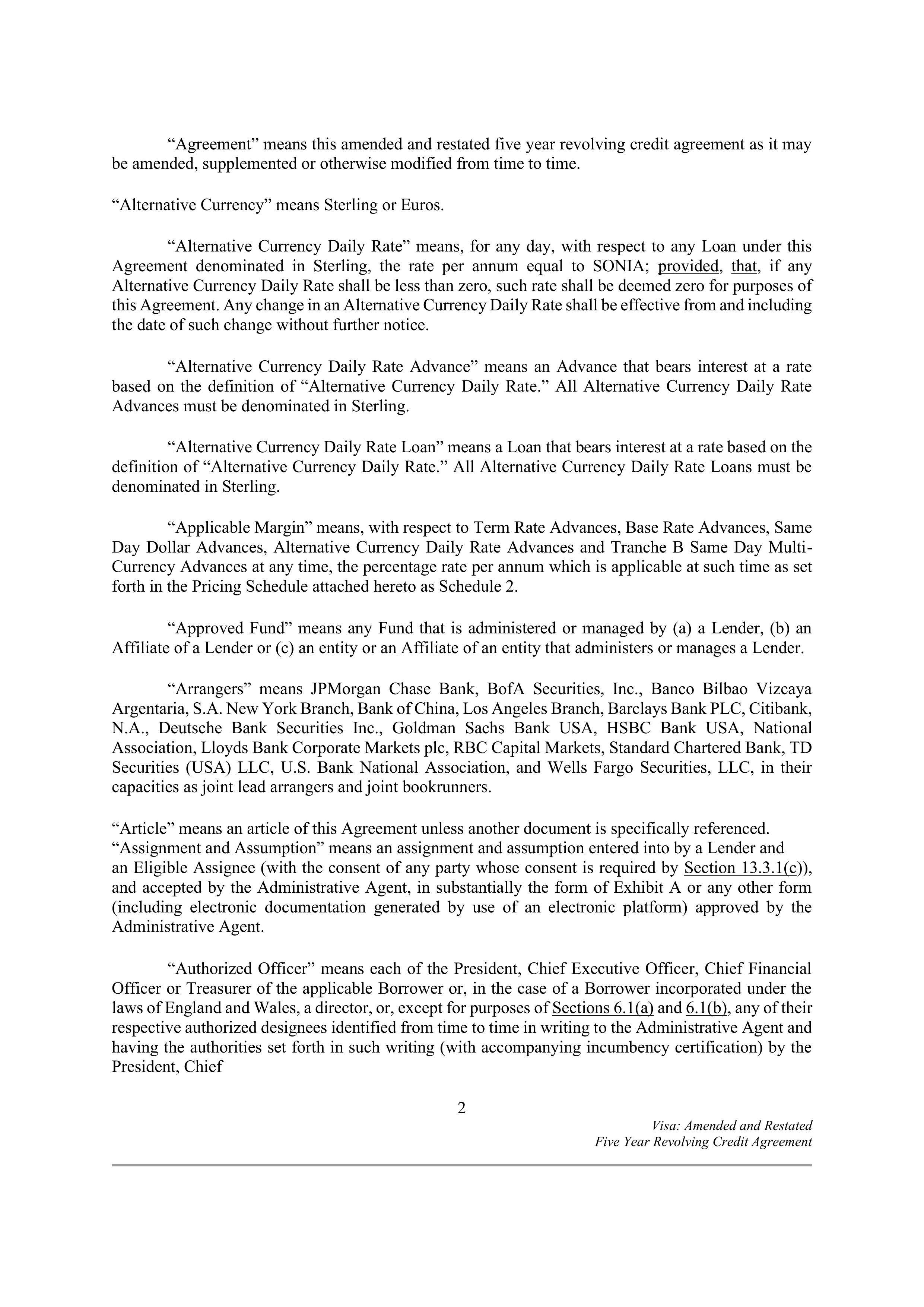 VISA AMENDED AND RESTATED FIVE YEAR REVOLVING CREDIT AGREEMENT — page 9
