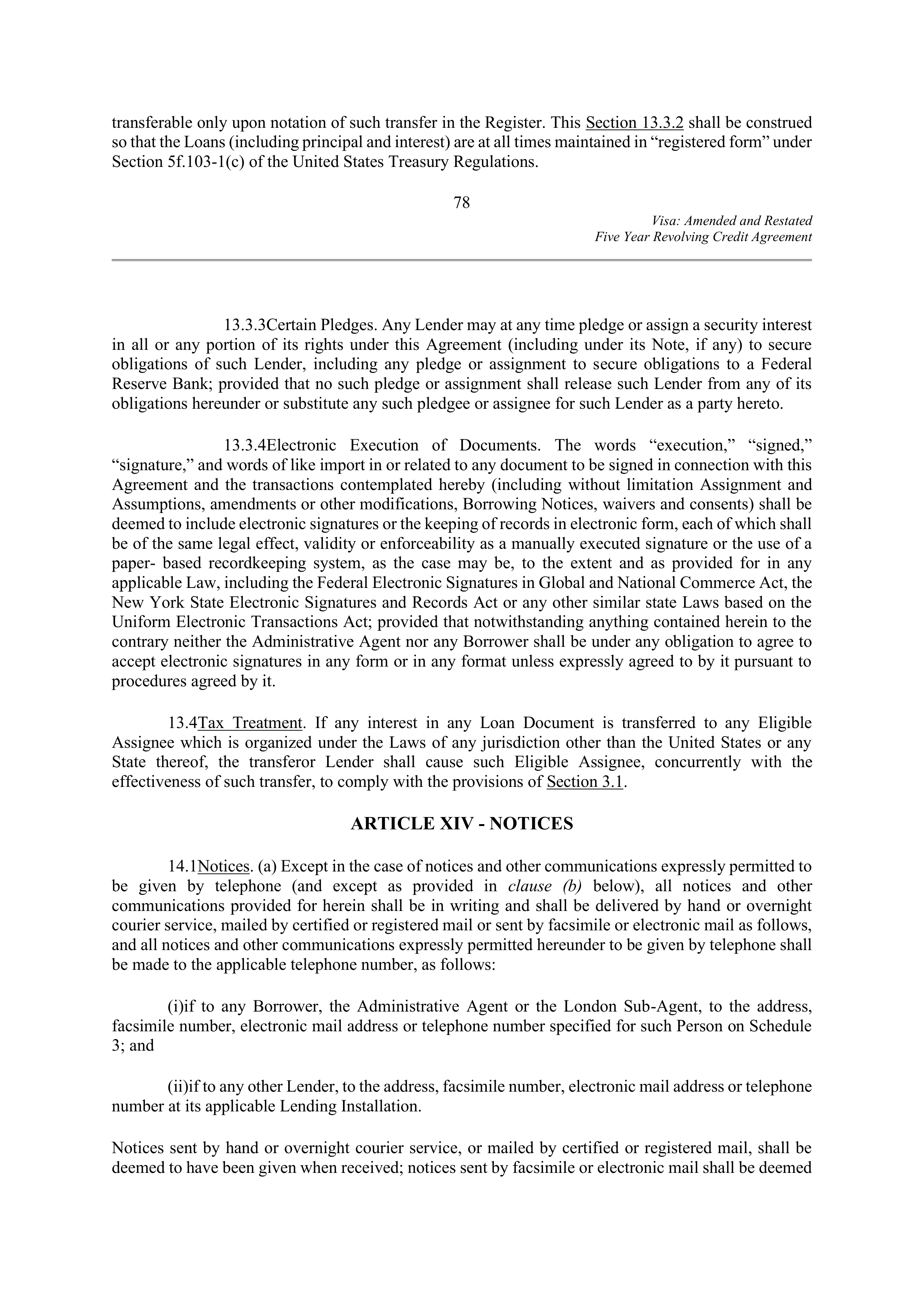 VISA AMENDED AND RESTATED FIVE YEAR REVOLVING CREDIT AGREEMENT — page 90