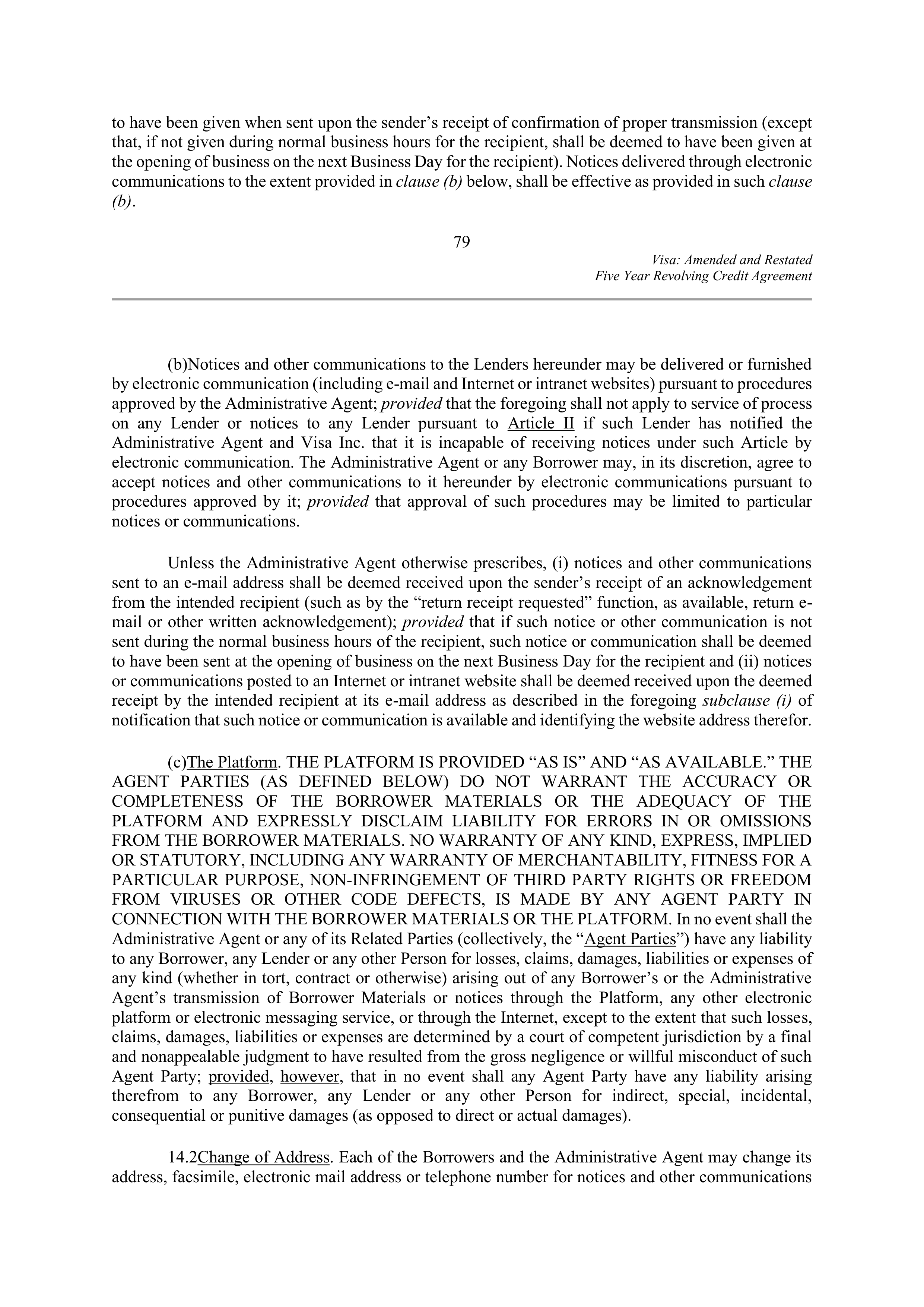 VISA AMENDED AND RESTATED FIVE YEAR REVOLVING CREDIT AGREEMENT — page 91