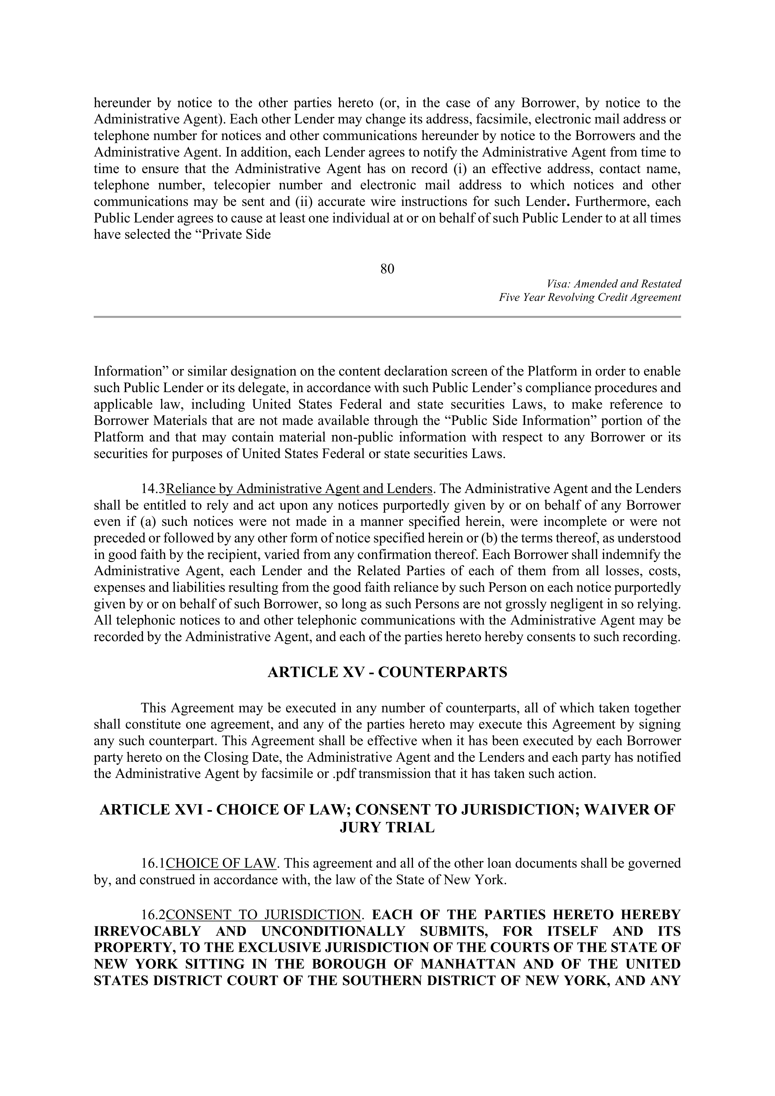 VISA AMENDED AND RESTATED FIVE YEAR REVOLVING CREDIT AGREEMENT — page 92