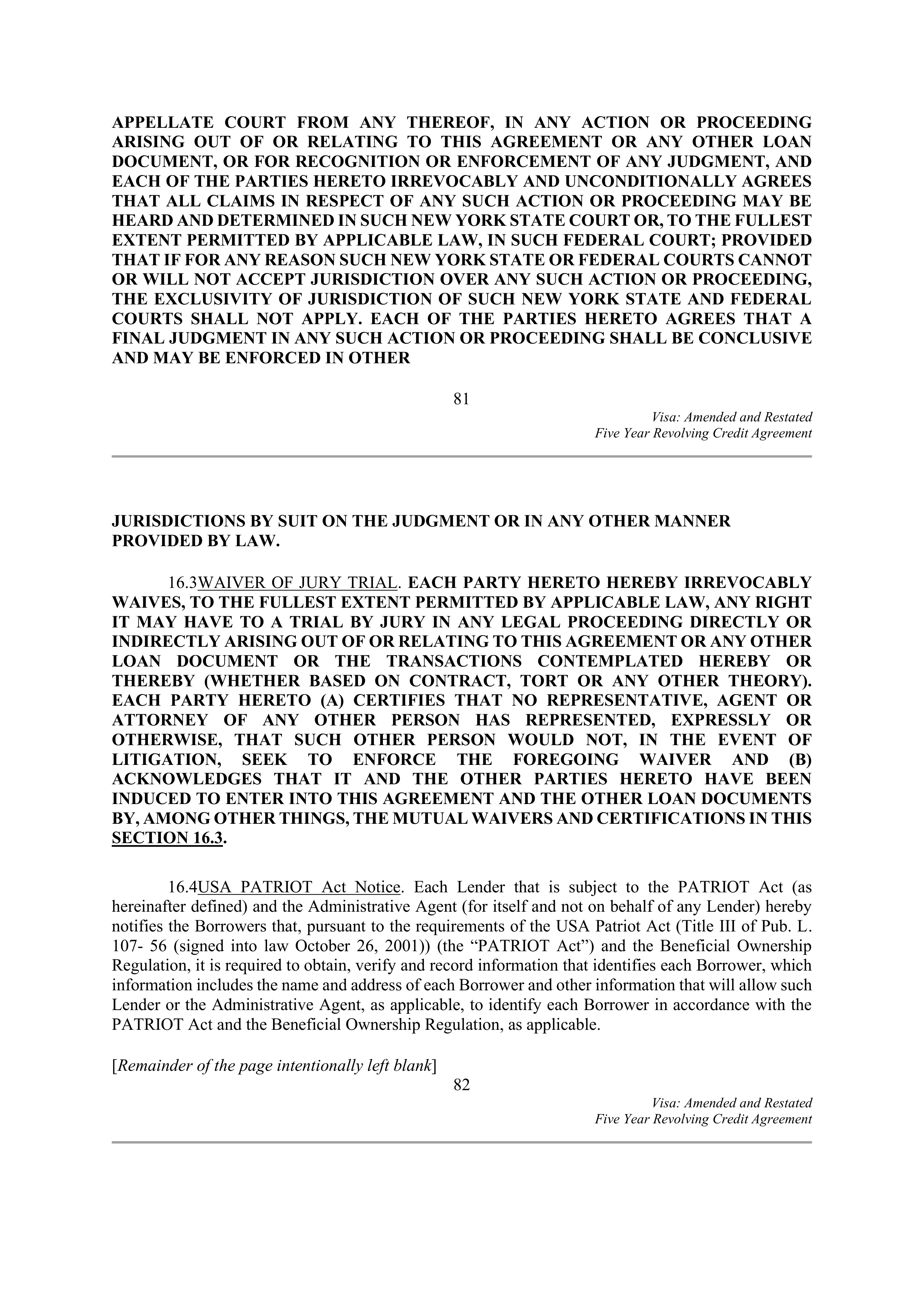 VISA AMENDED AND RESTATED FIVE YEAR REVOLVING CREDIT AGREEMENT — page 93