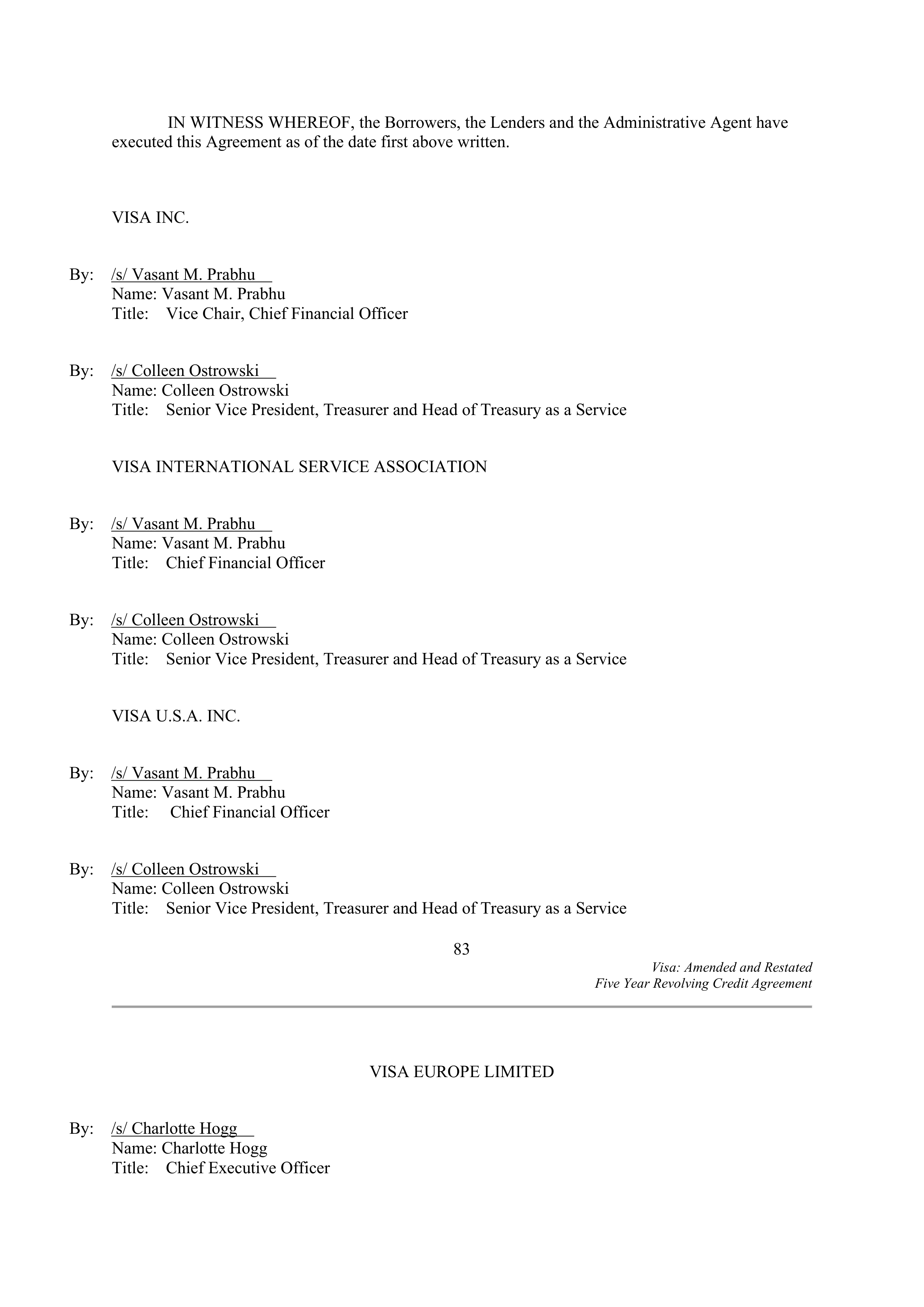 VISA AMENDED AND RESTATED FIVE YEAR REVOLVING CREDIT AGREEMENT — page 94