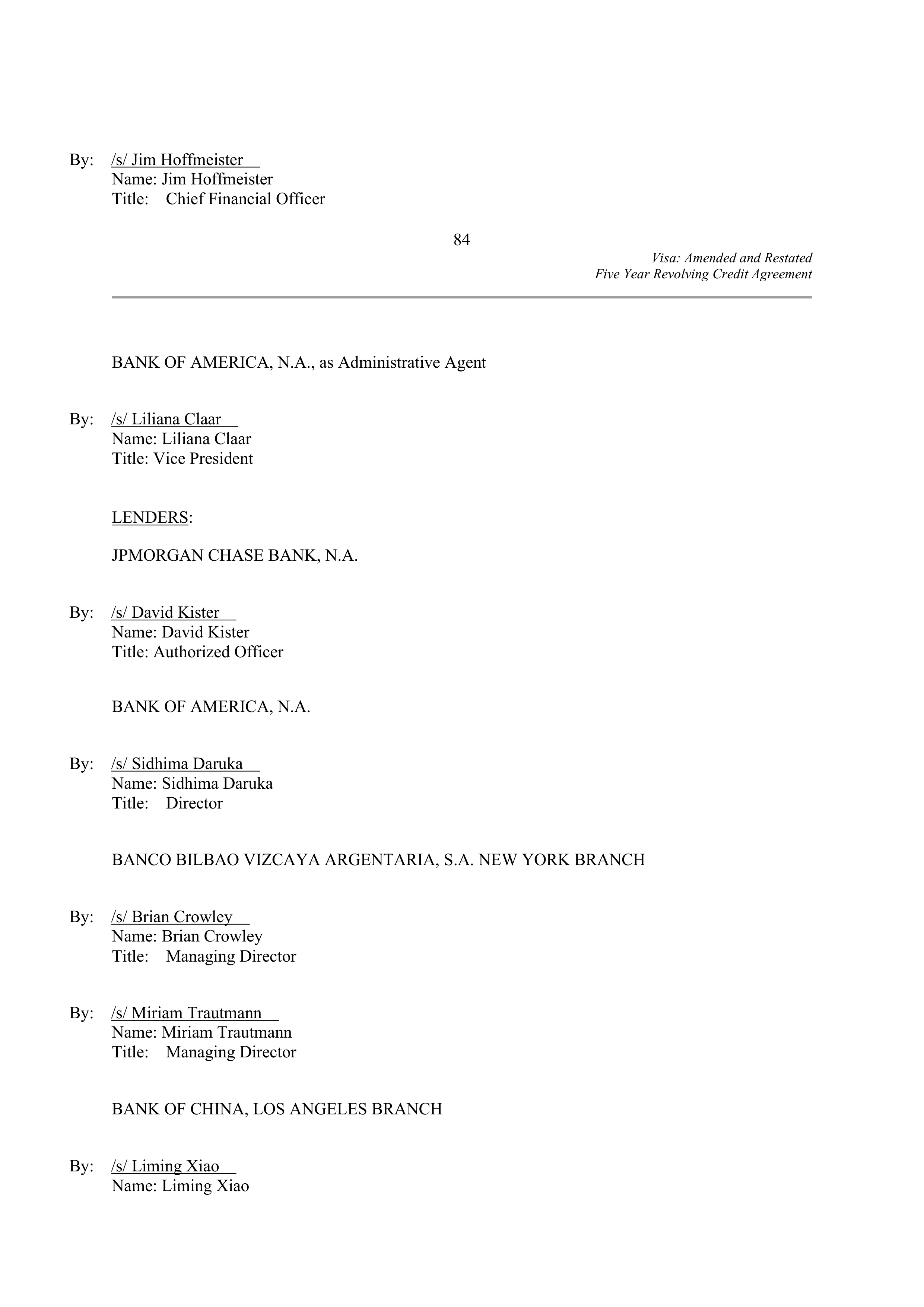 VISA AMENDED AND RESTATED FIVE YEAR REVOLVING CREDIT AGREEMENT — page 95