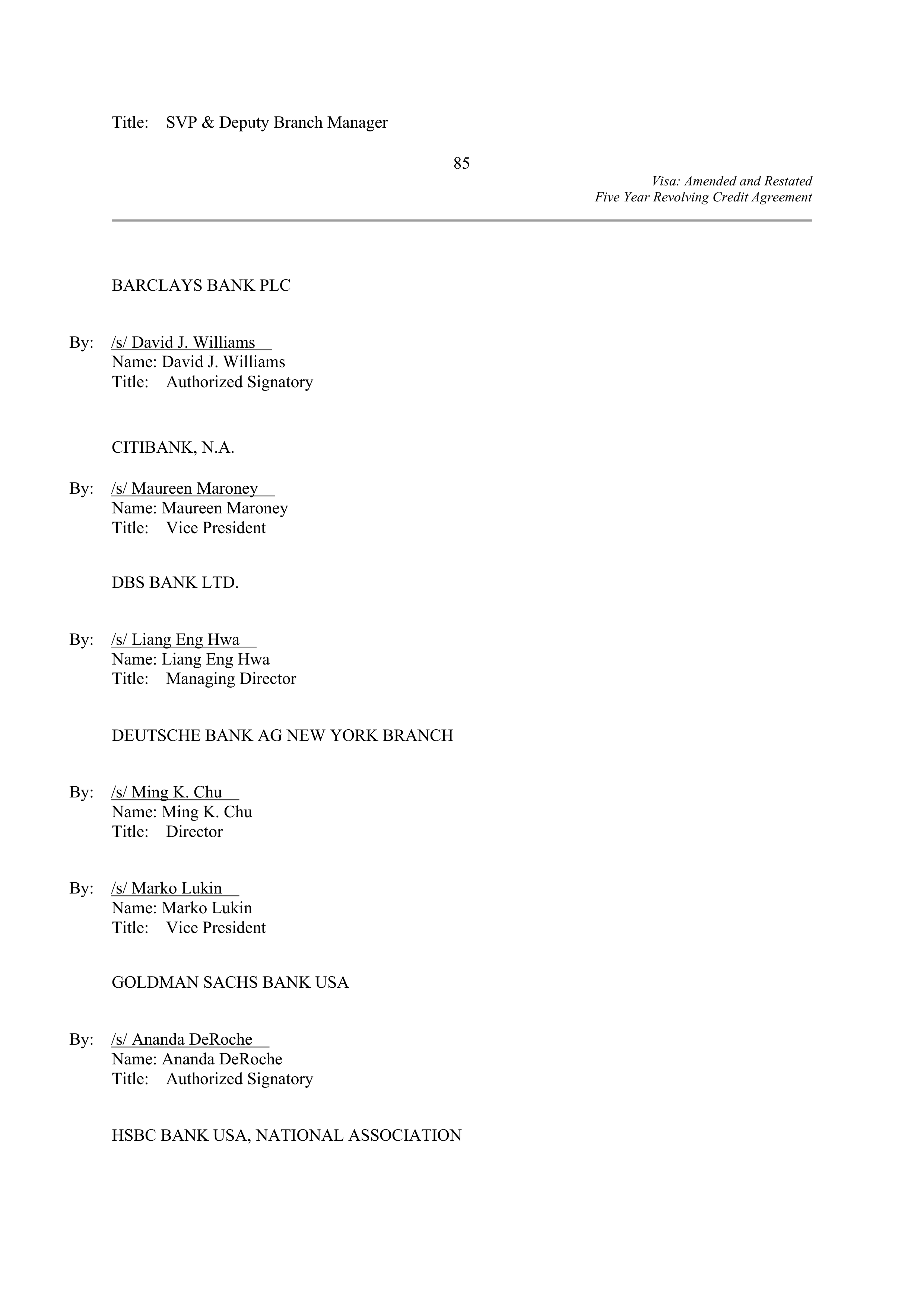 VISA AMENDED AND RESTATED FIVE YEAR REVOLVING CREDIT AGREEMENT — page 96
