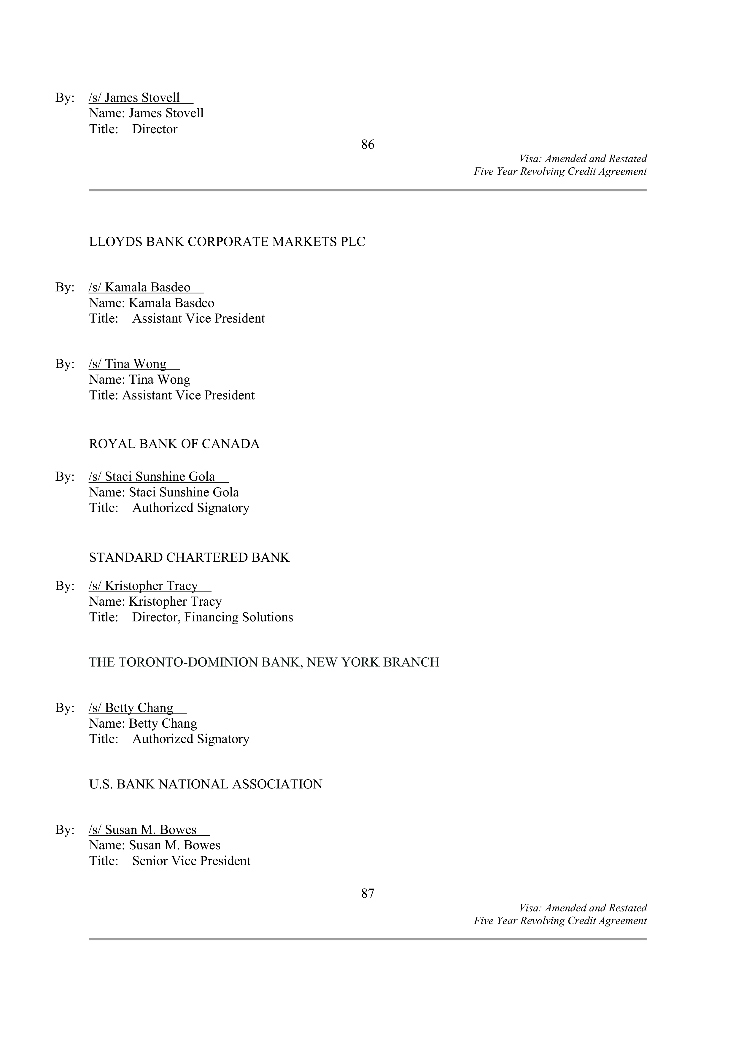 VISA AMENDED AND RESTATED FIVE YEAR REVOLVING CREDIT AGREEMENT — page 97