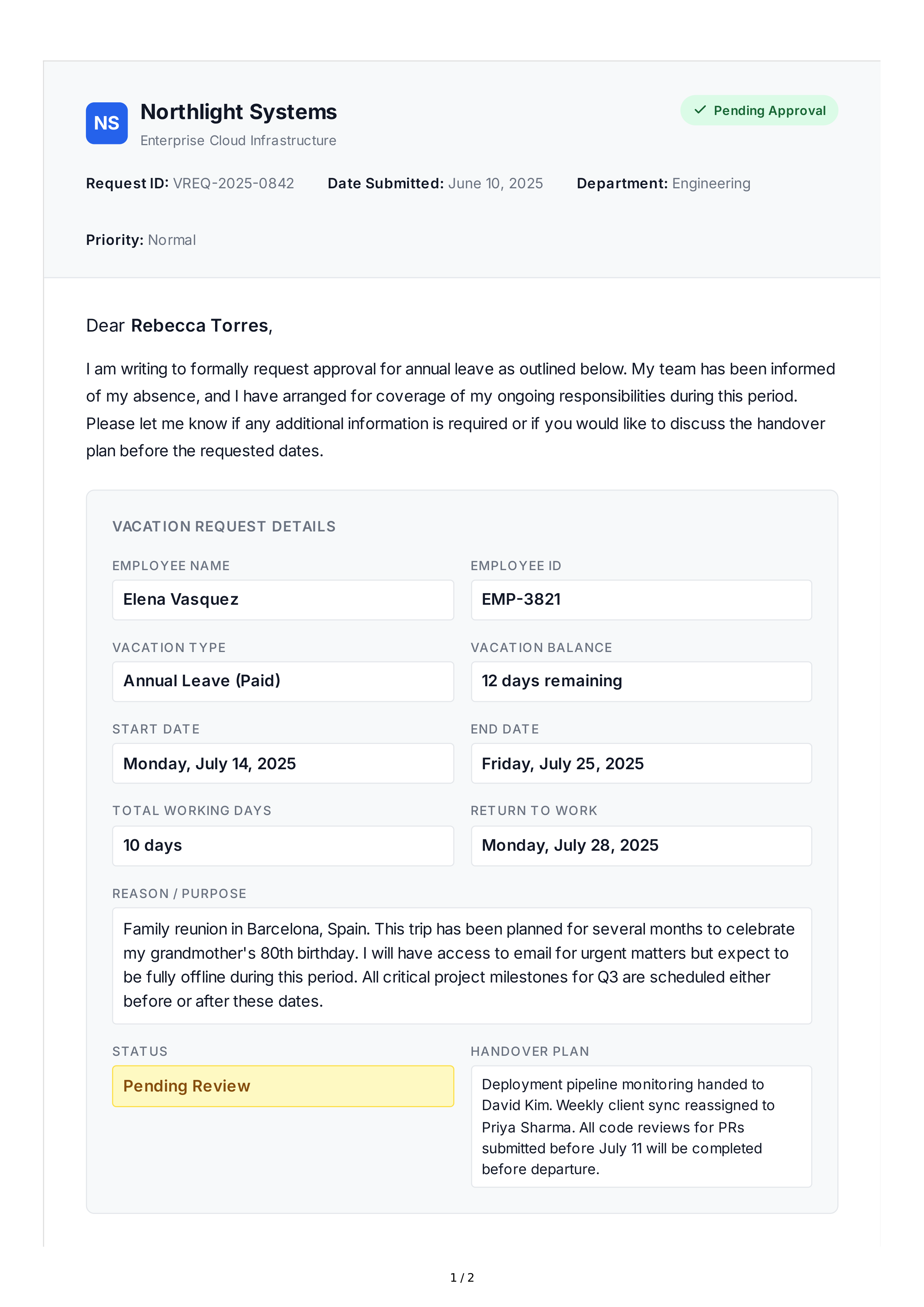 Vacation Request Email — page 1