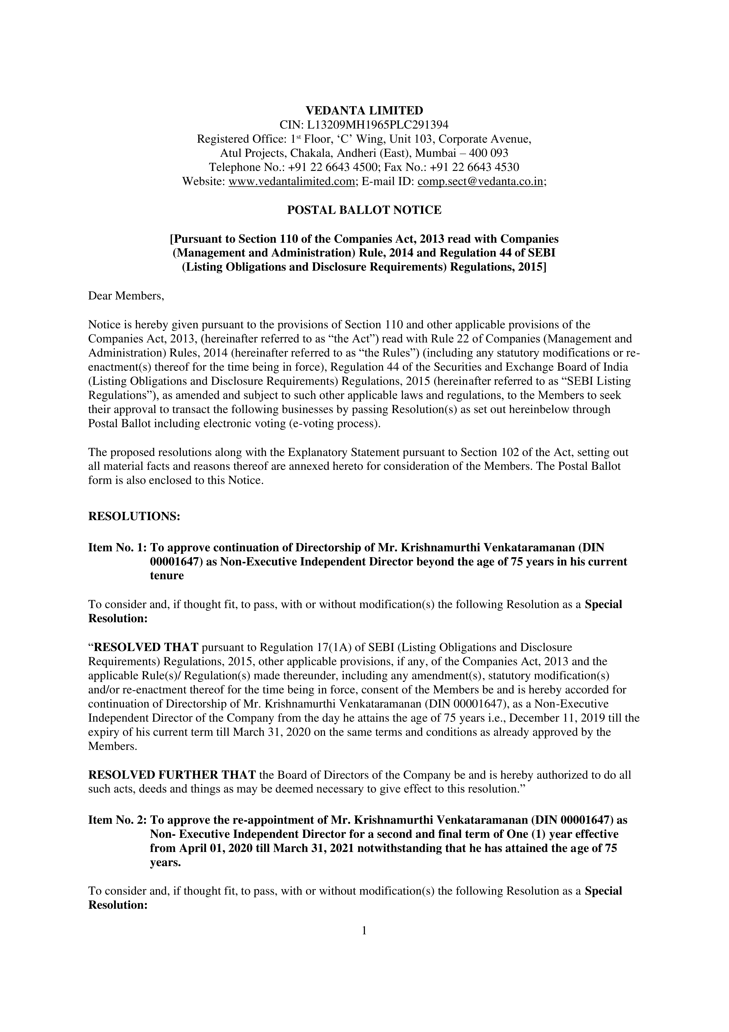 Vedanta Postal Ballot Notice — page 1