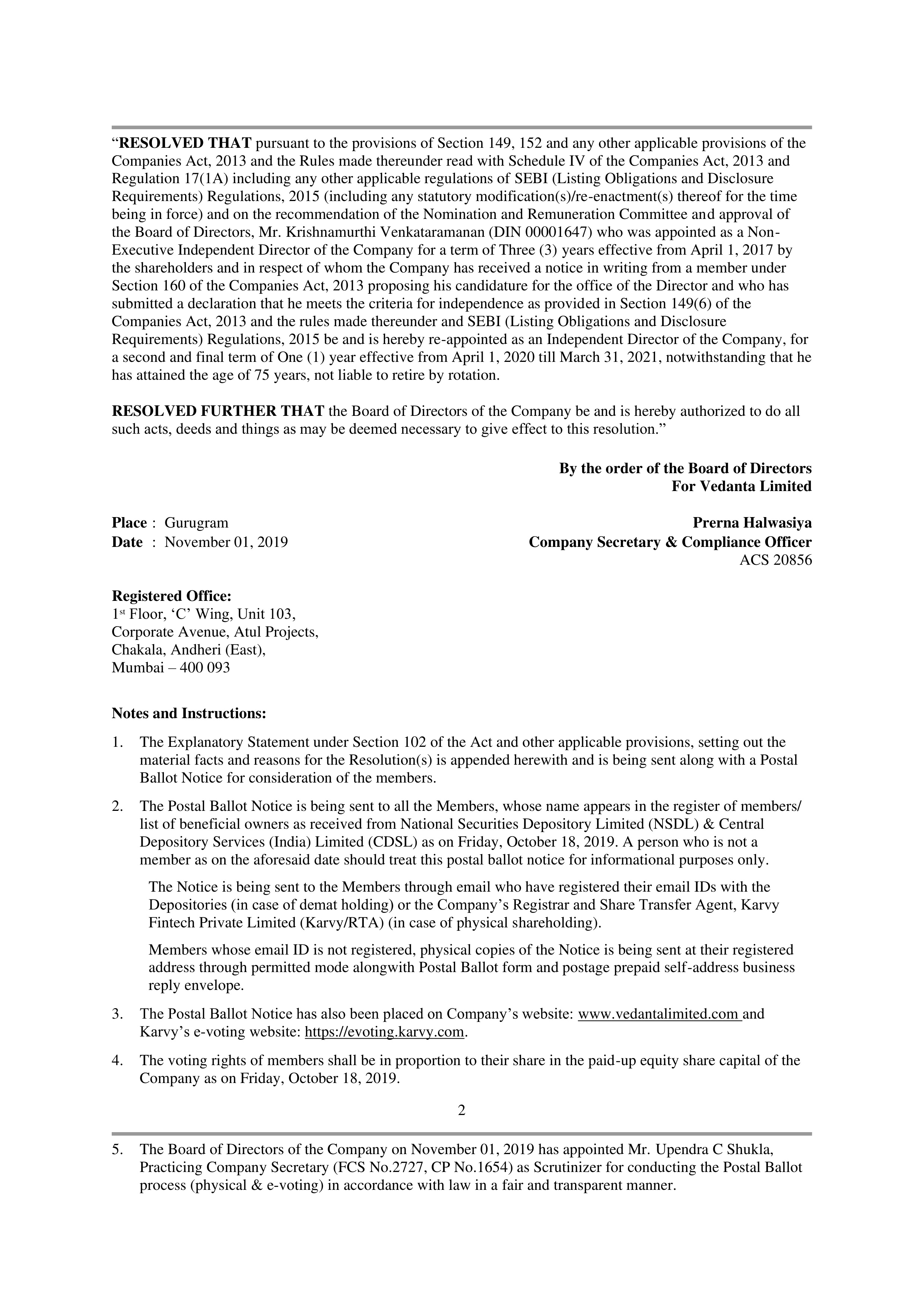 Vedanta Postal Ballot Notice — page 2