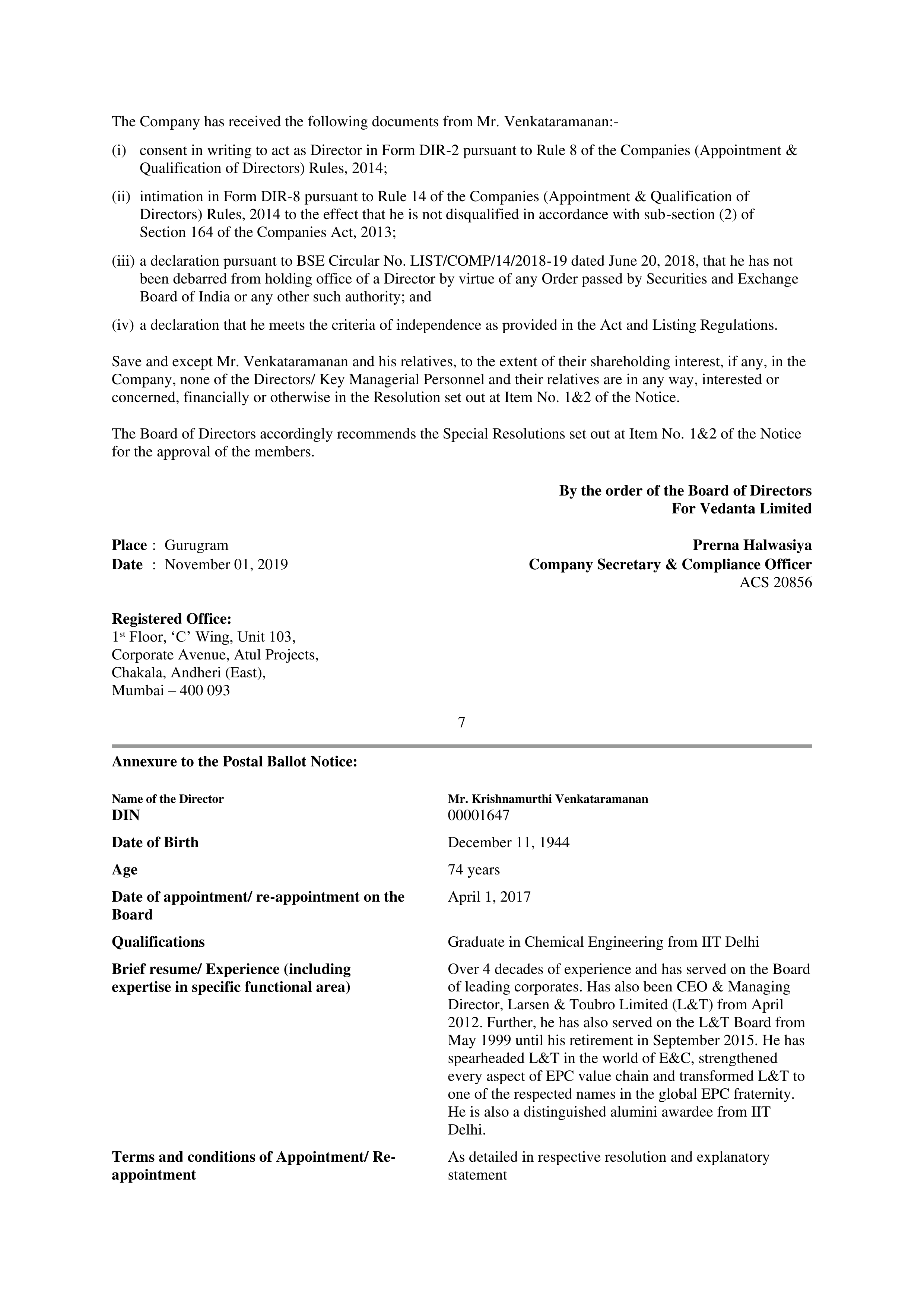 Vedanta Postal Ballot Notice — page 7