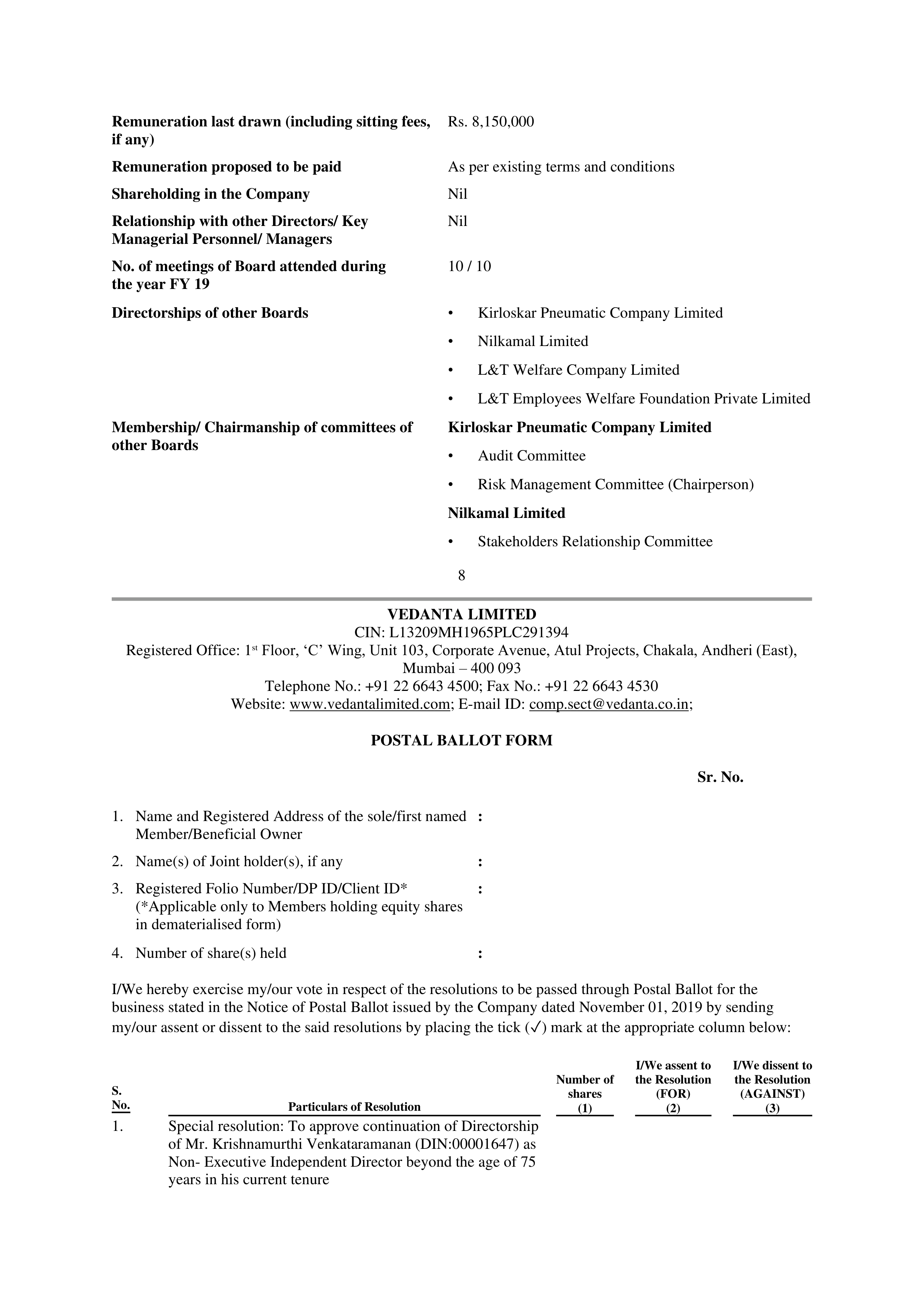 Vedanta Postal Ballot Notice — page 8