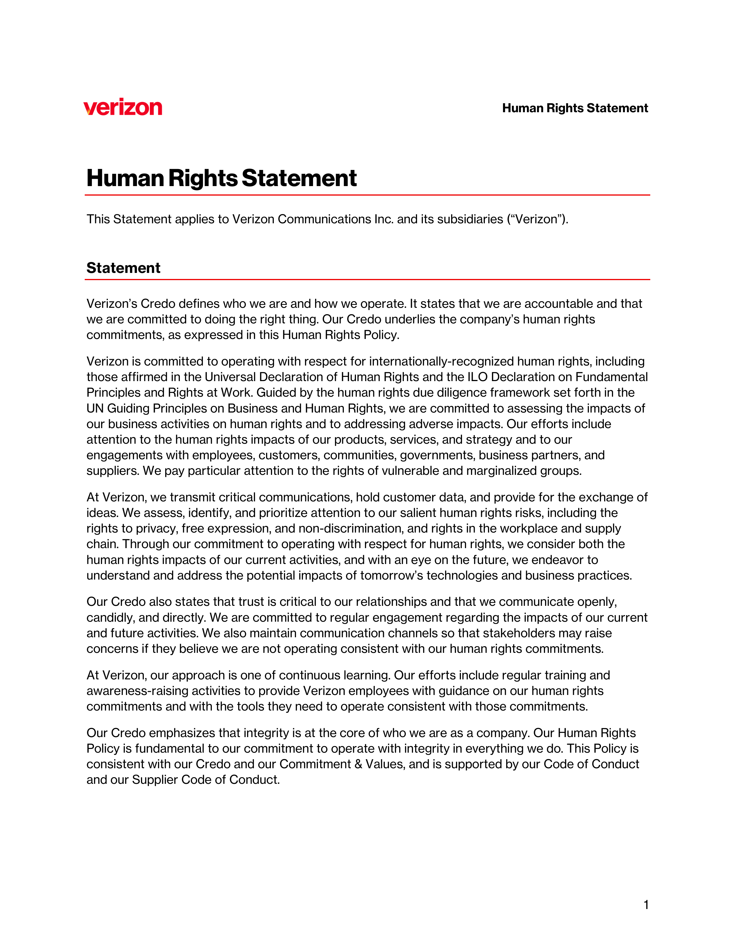 Verizon Human Rights Statement — page 1