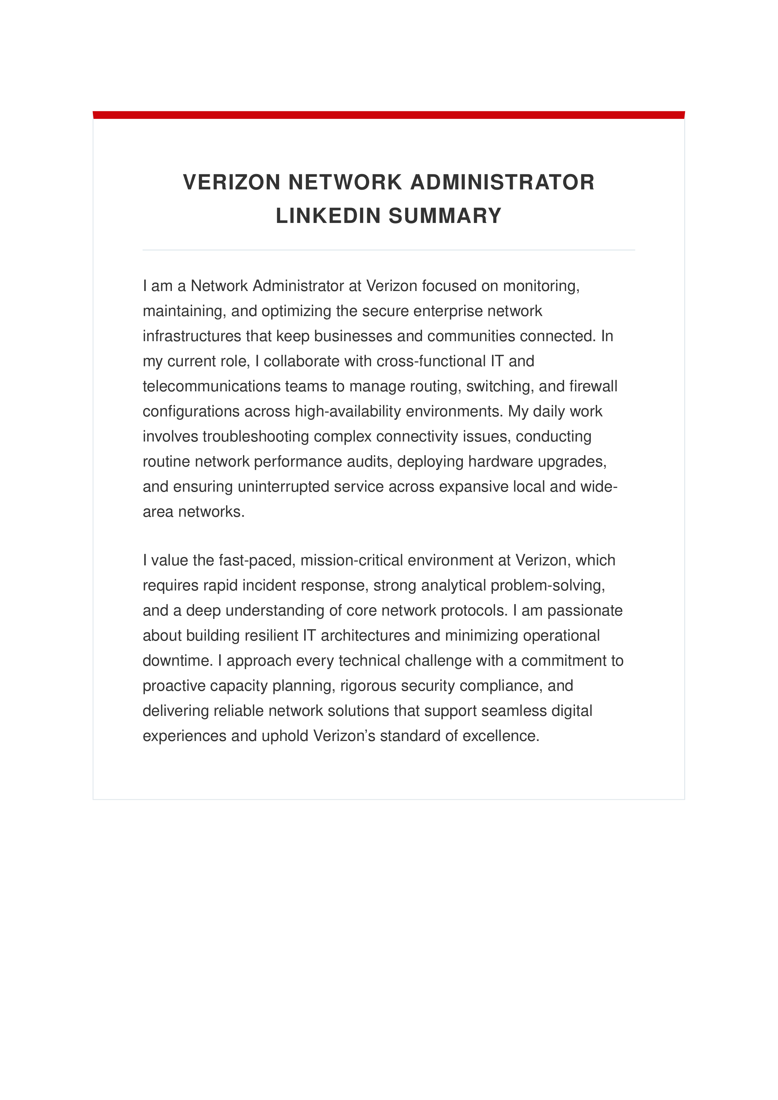 Verizon Network Administrator LinkedIn Summary — page 1