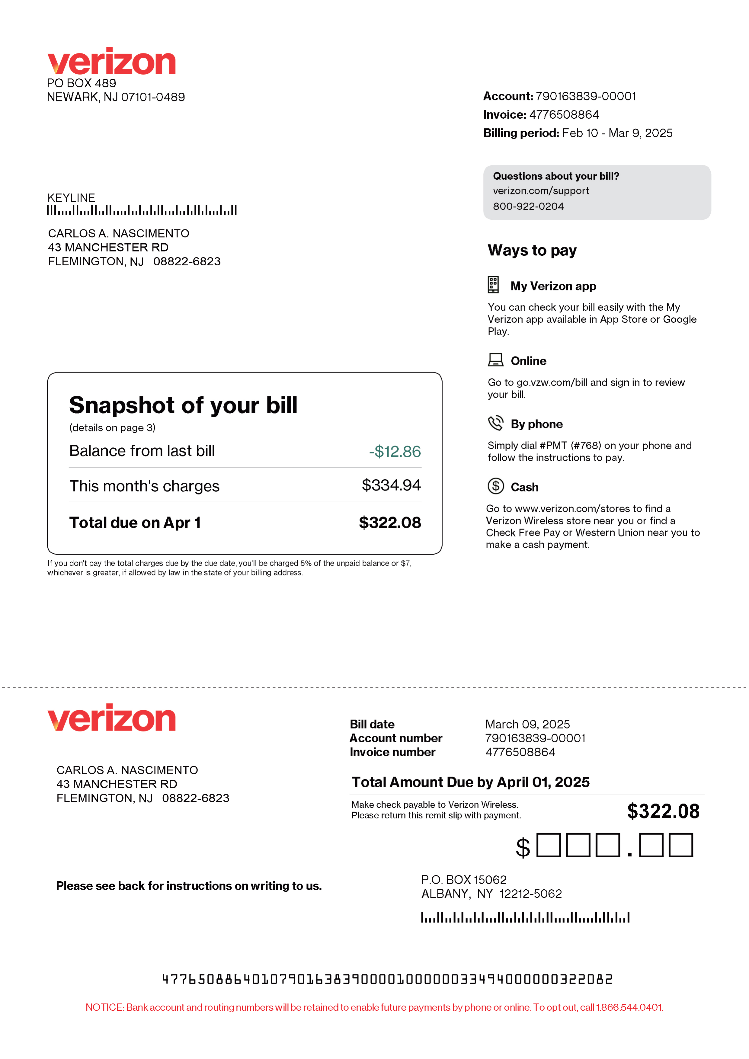 Verizon Wireless Monthly Billing Invoice — page 1