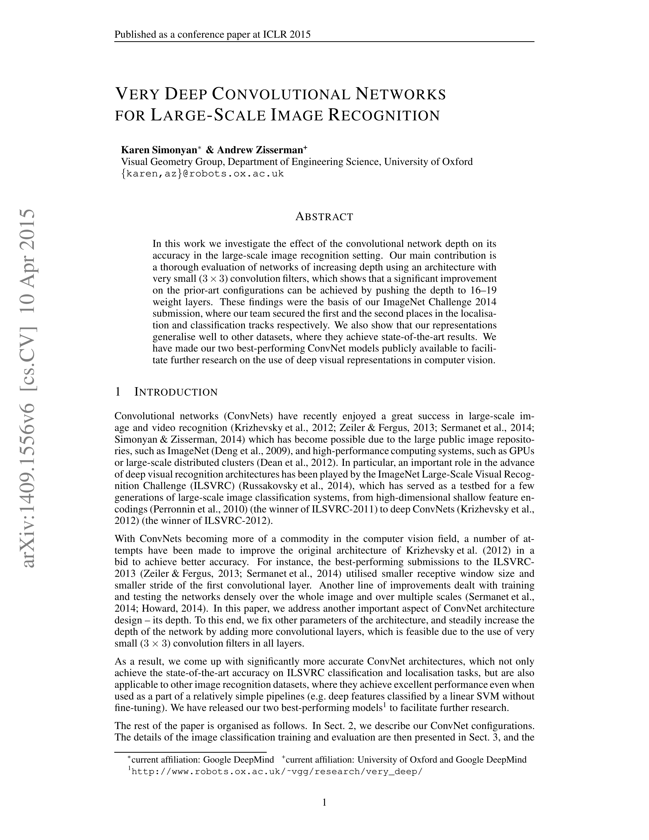 Very Deep Convolutional Networks Research Paper by Oxford University — page 1