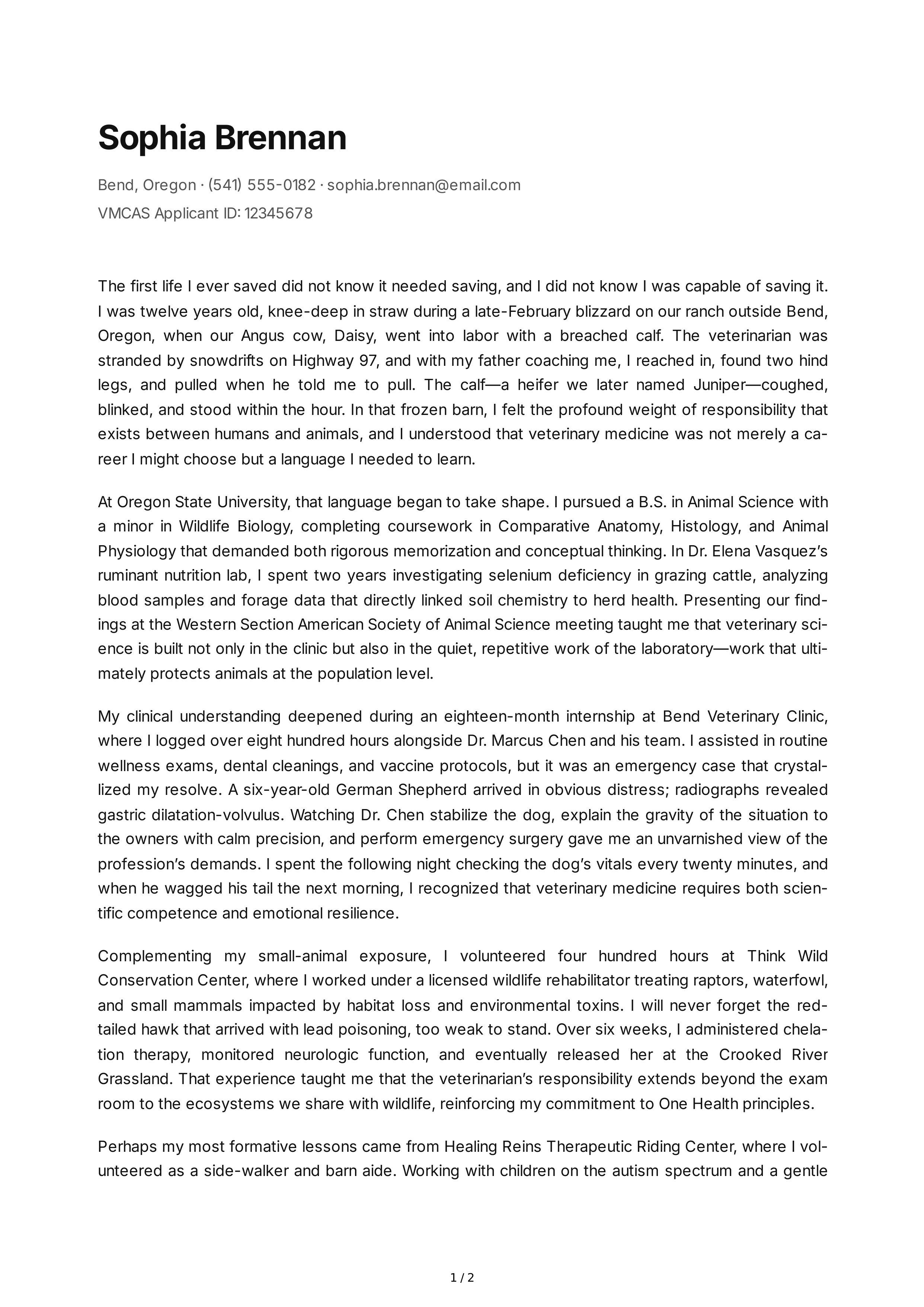 Veterinary School Personal Statement — page 1
