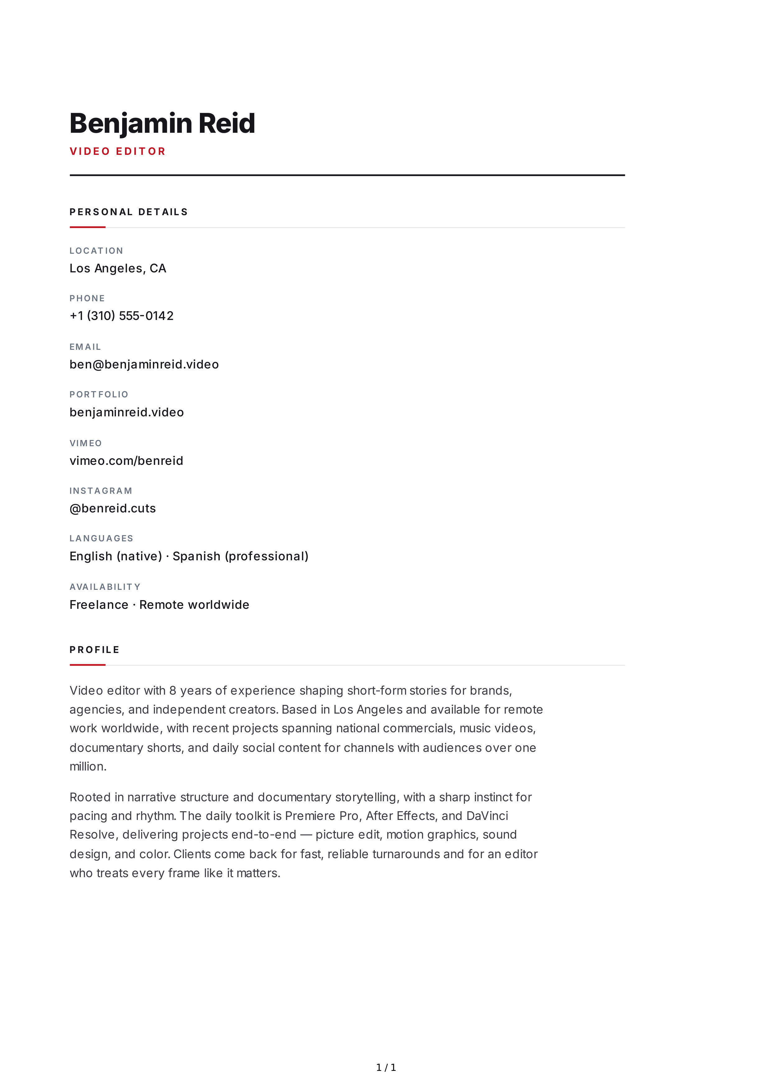 Video Editor Resume Profile — page 1