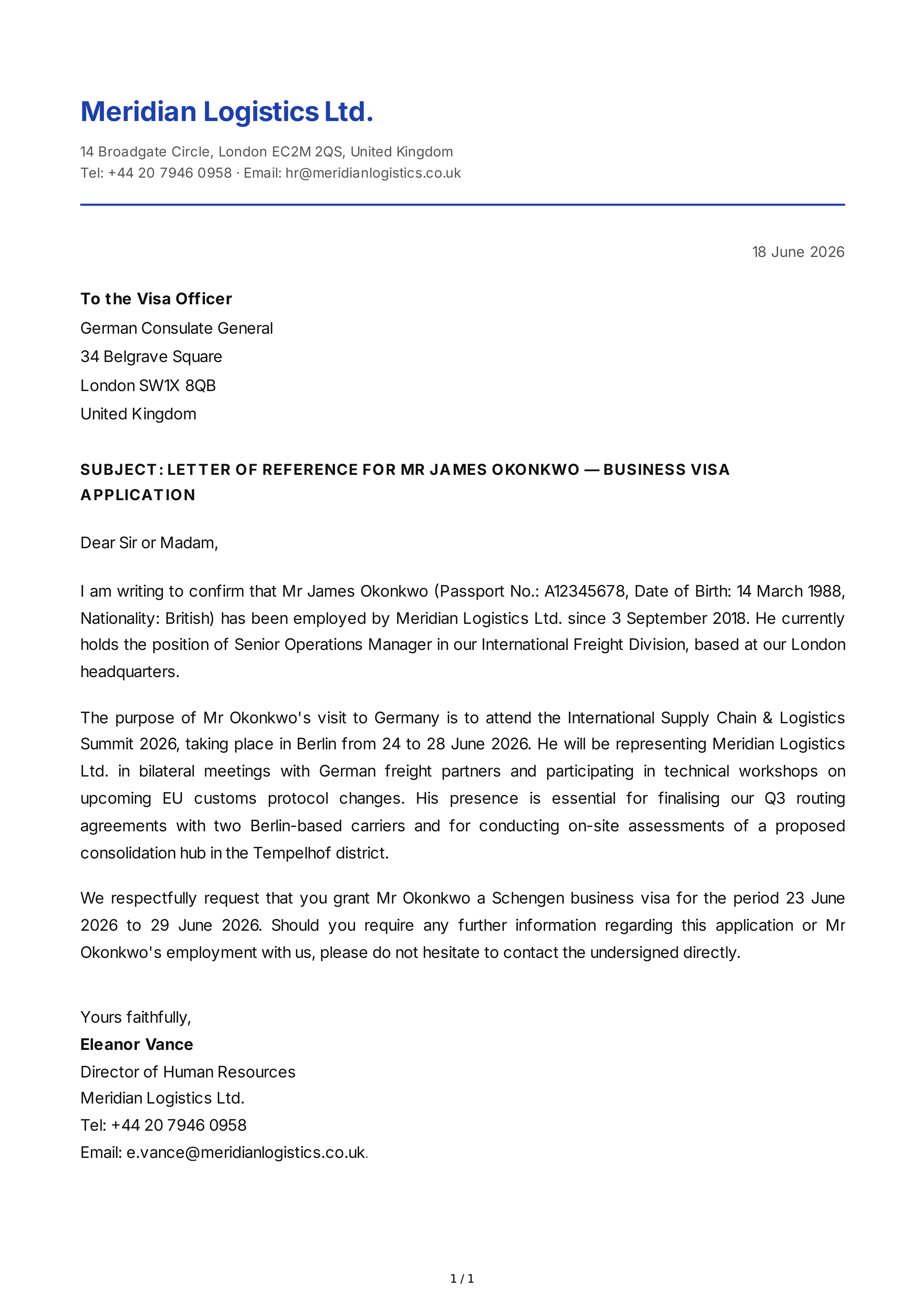 Visa Reference Letter — page 1