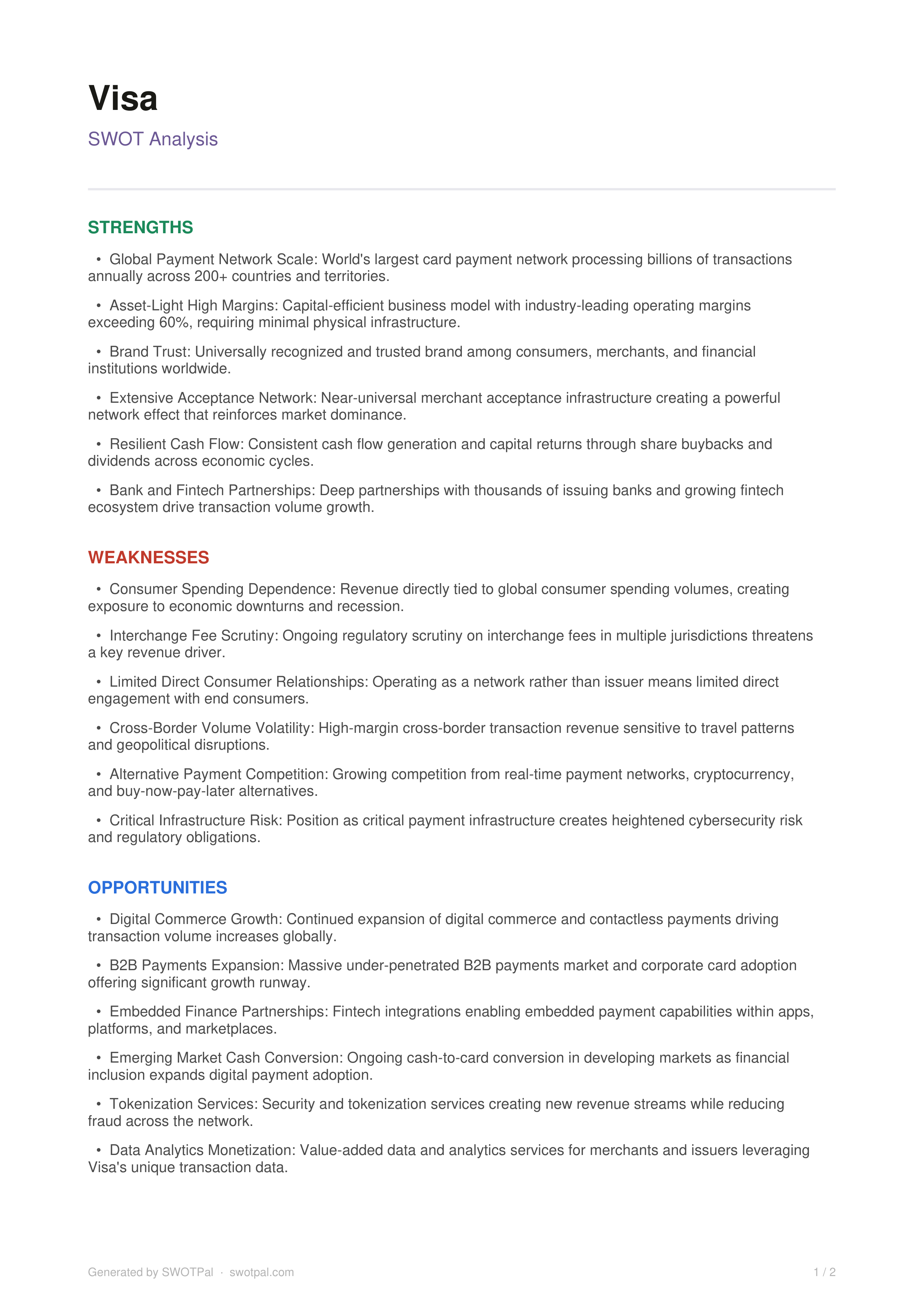 Visa Swot Analysis  — page 1