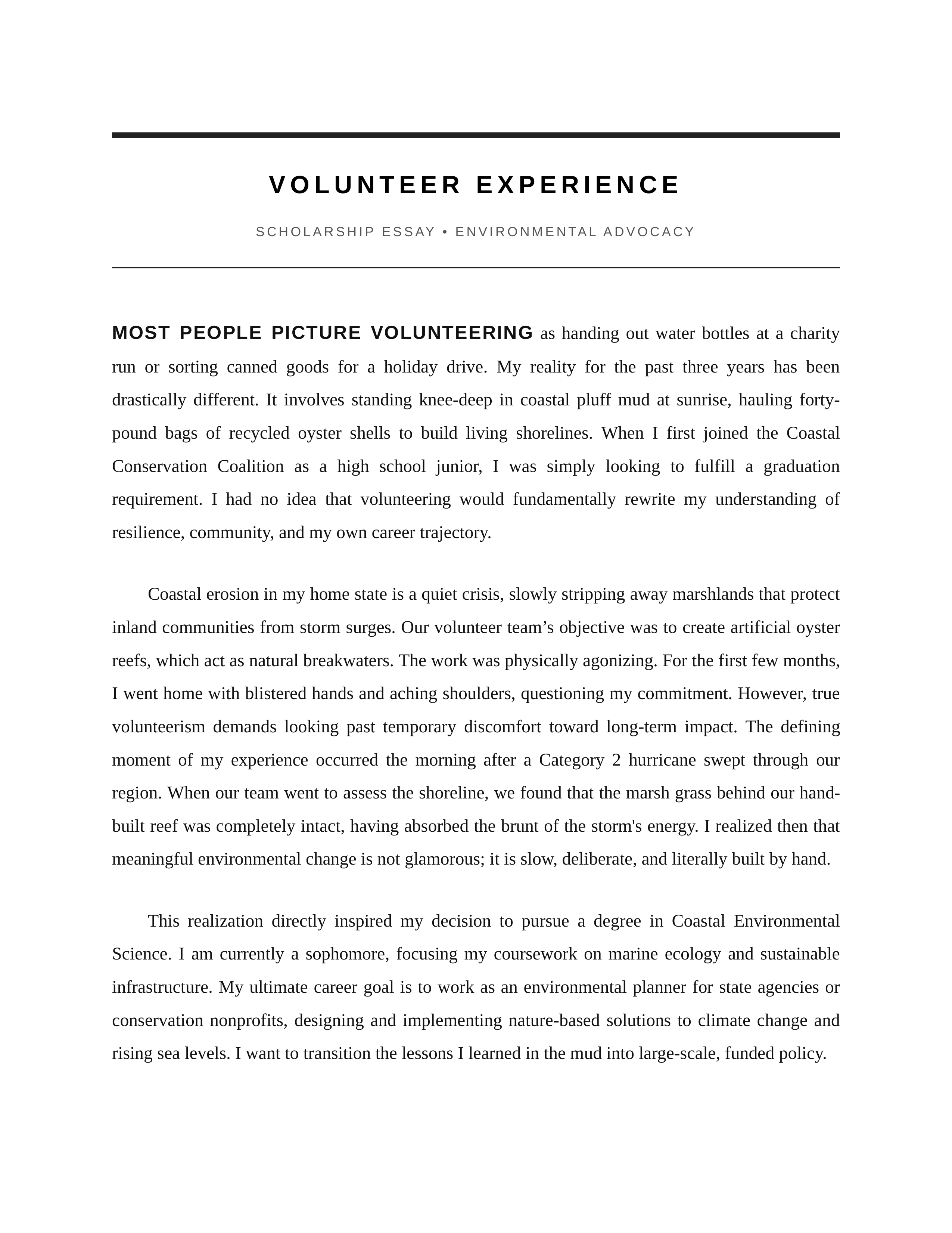 Volunteer Experience Scholarship Essay — page 1