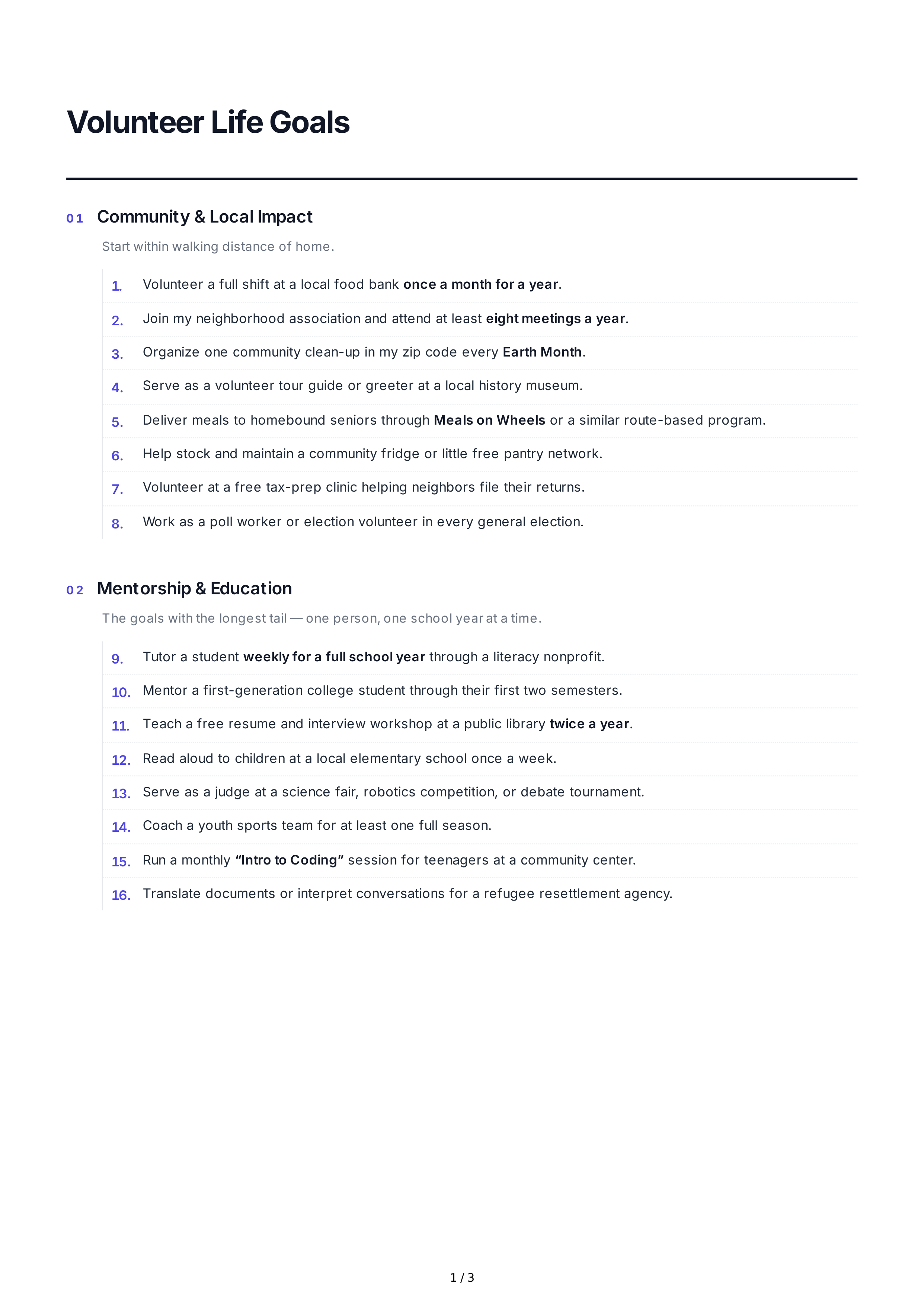 Volunteer Life Goals — page 1