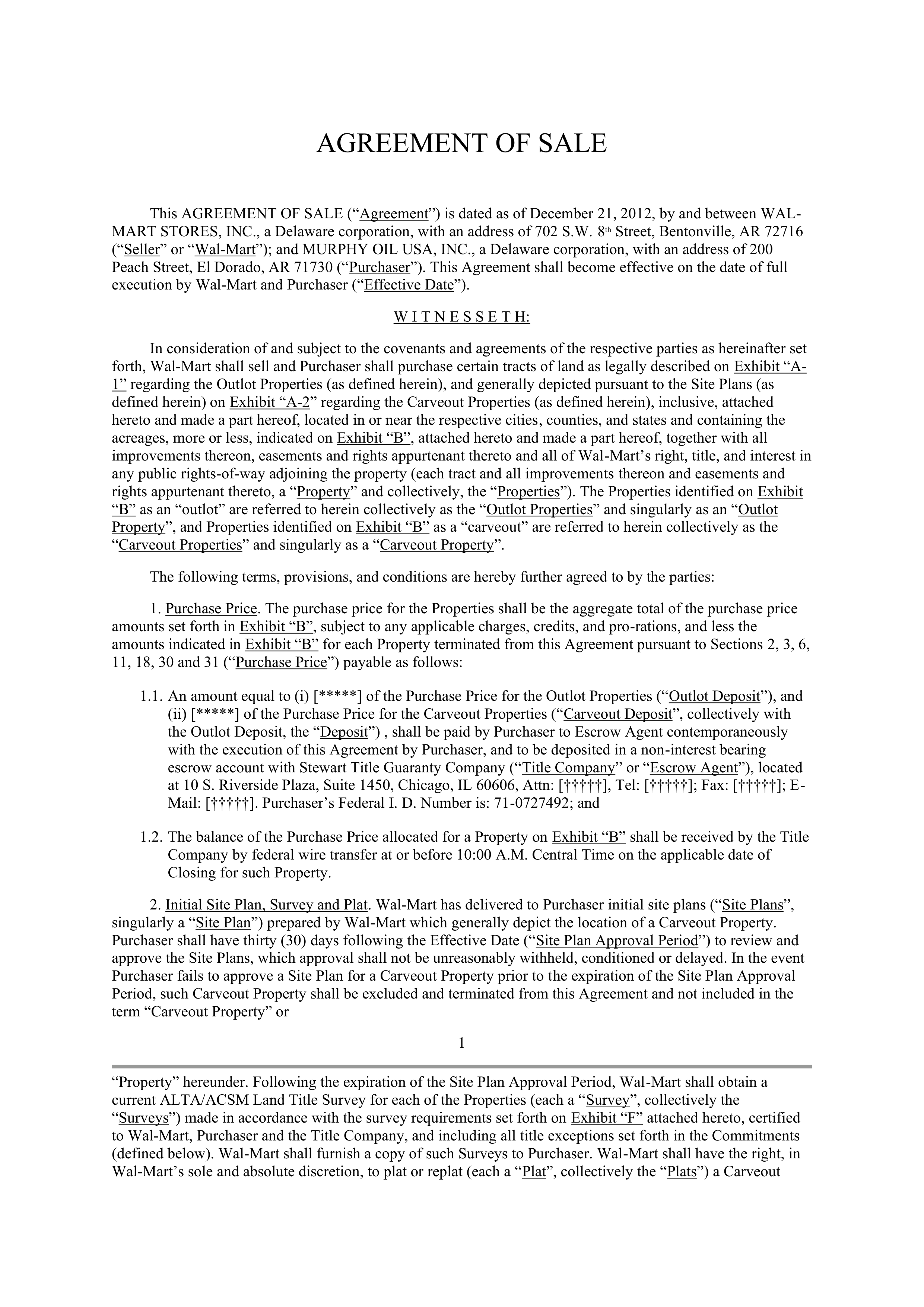 WALMART AGREEMENT OF SALE — page 1