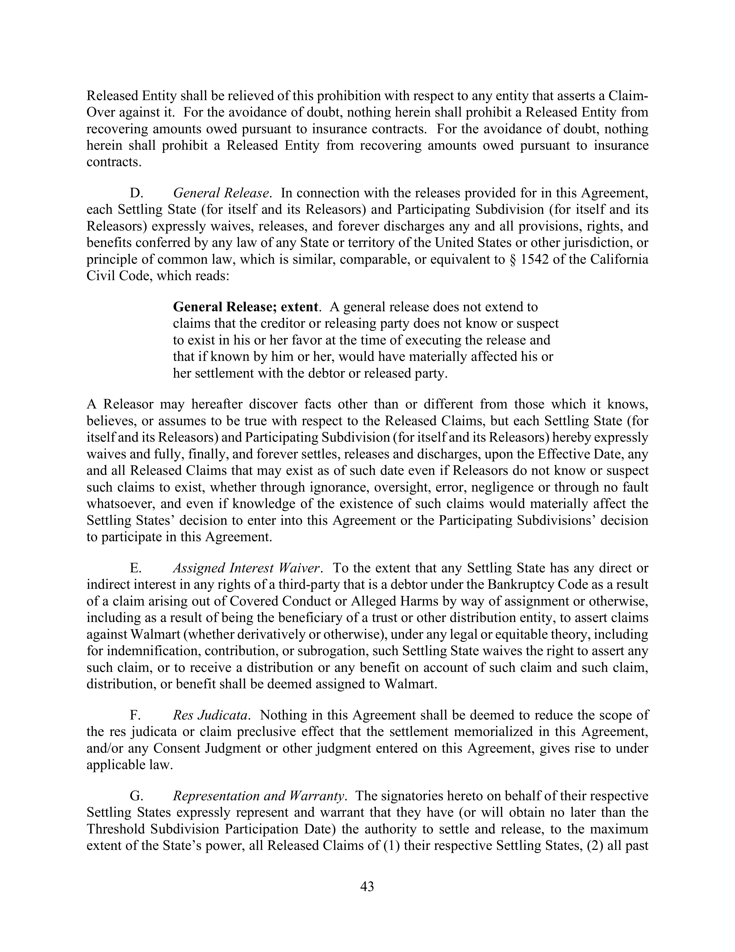 WALMART SETTLEMENT AGREEMENT — page 46