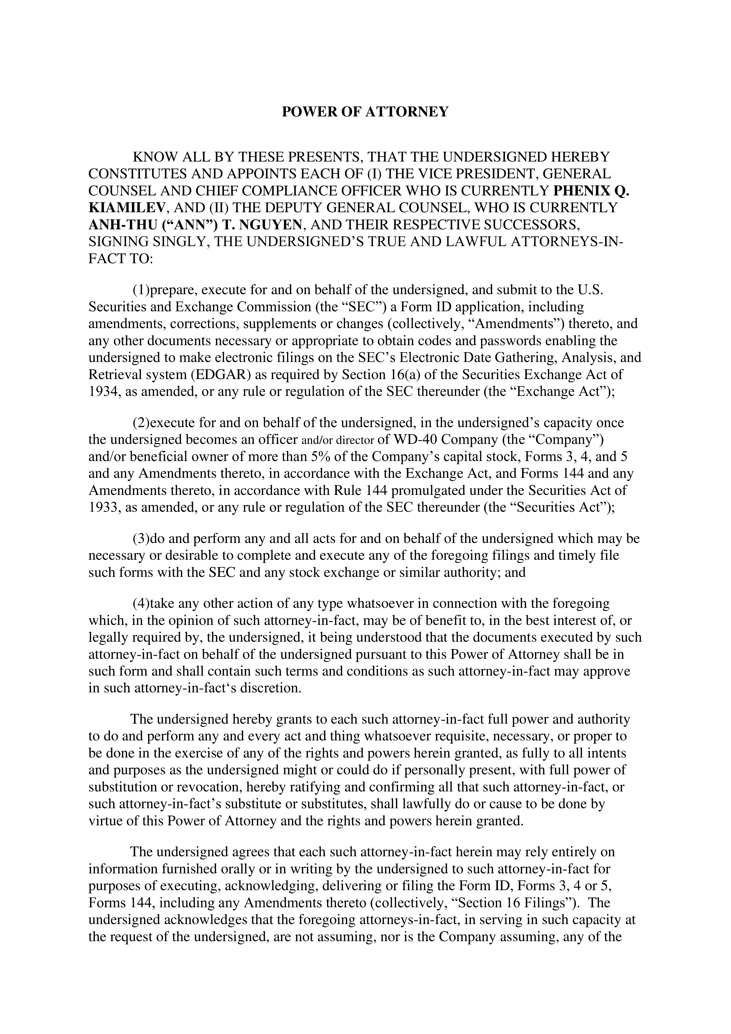 WD-40 Company Power of Attorney — page 1