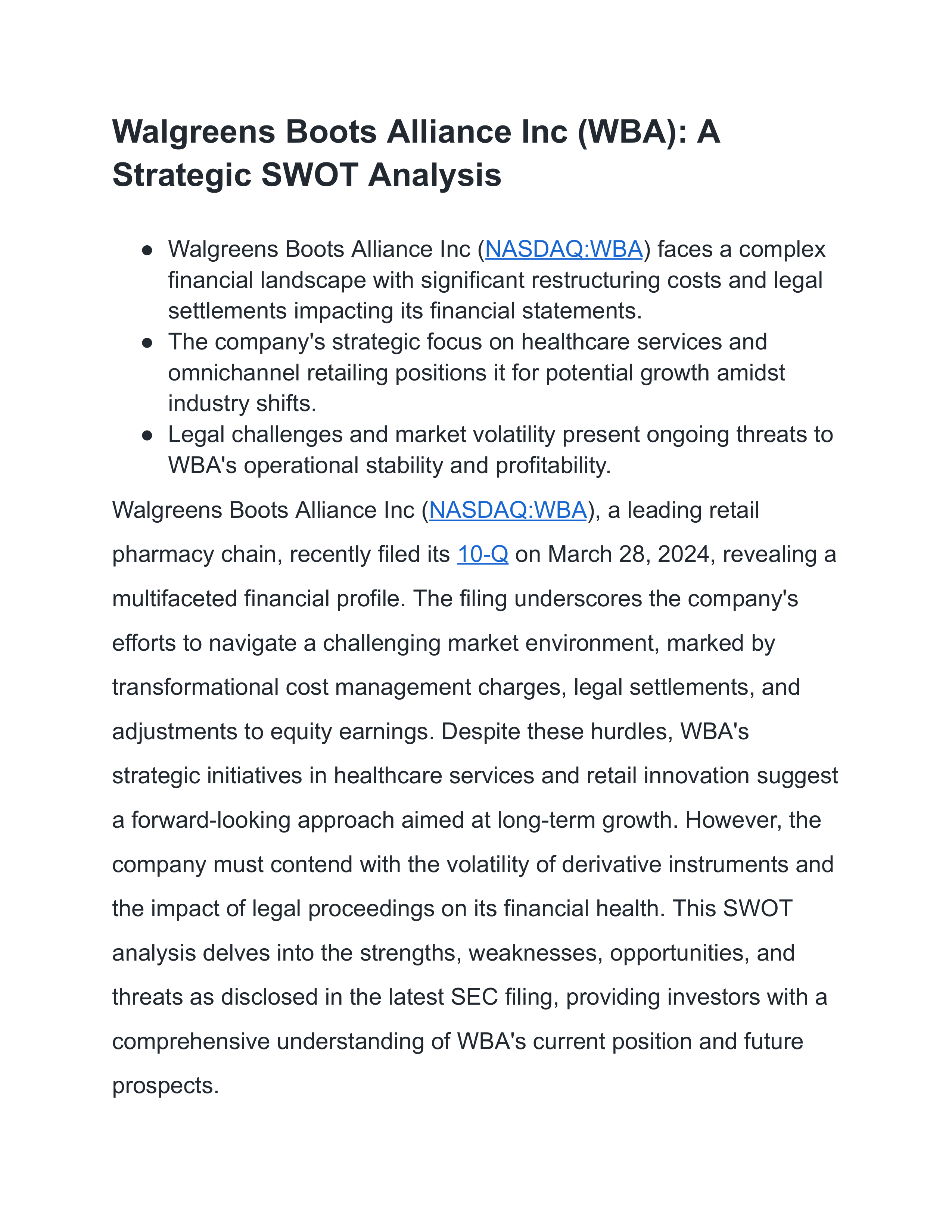 Walgreens Boots Alliance Swot Analysis  — page 1