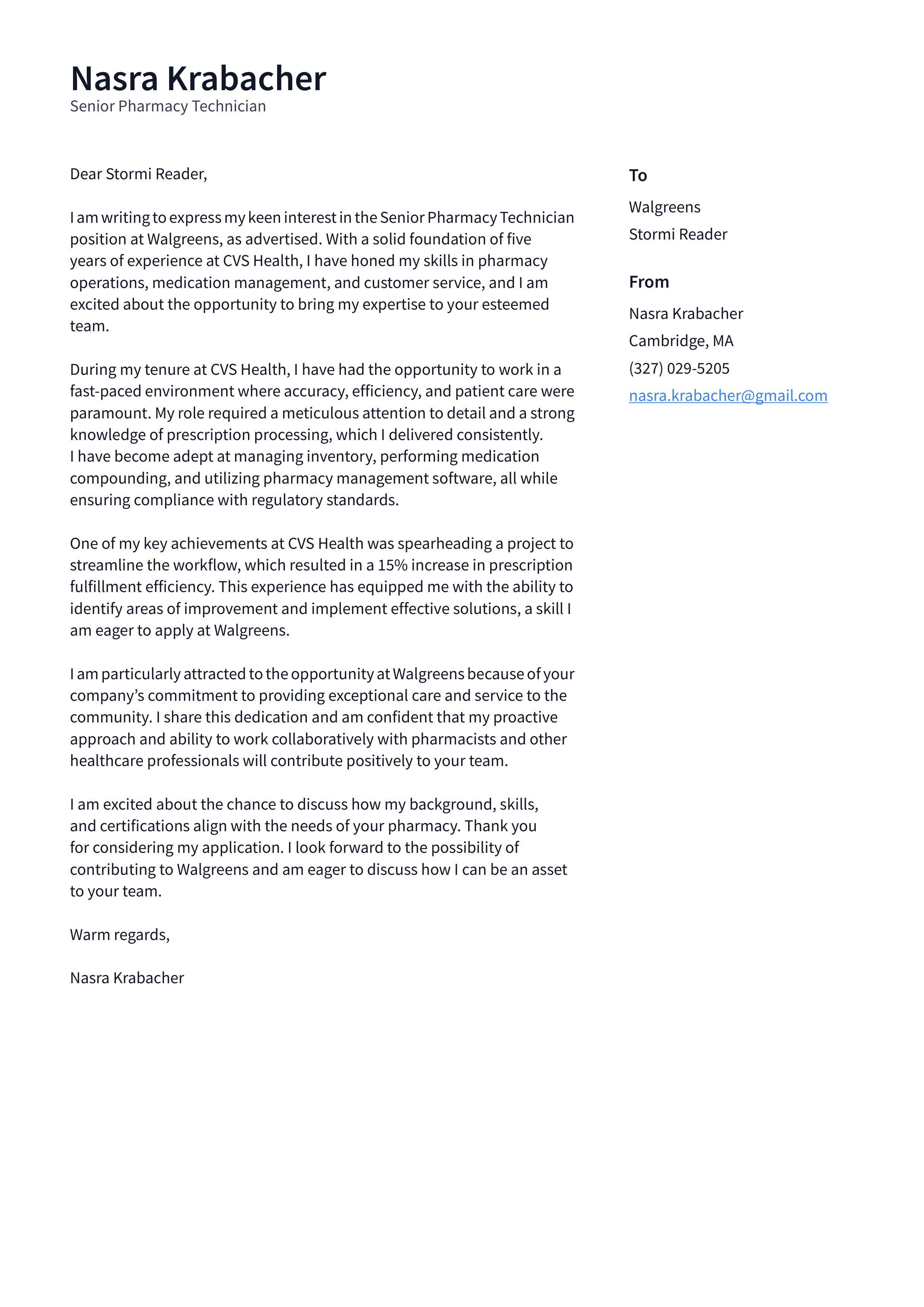 Walgreens Pharmacy Technician Cover Letter — page 1
