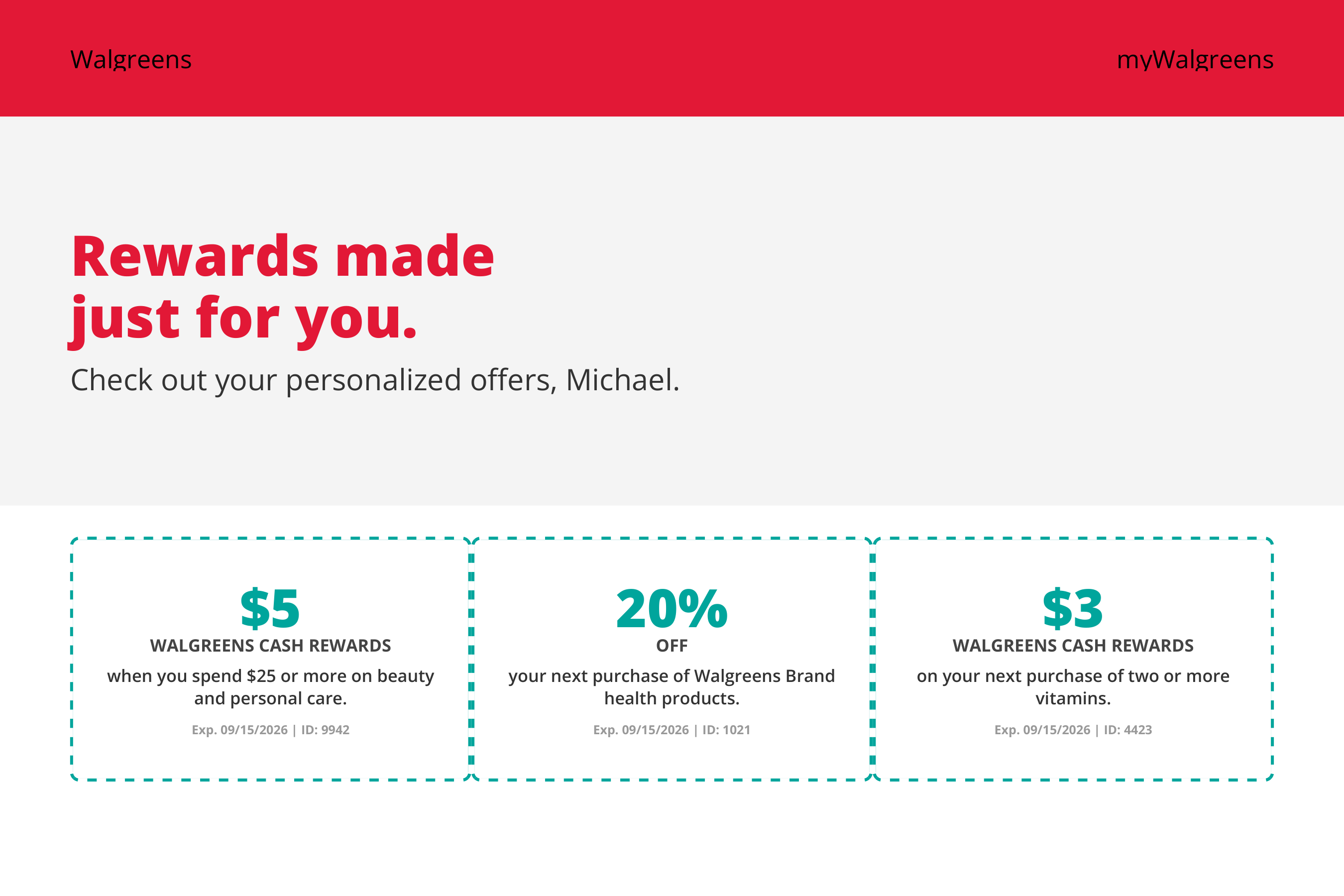 Walgreens myWalgreens Personalized Rewards Coupon Postcard — page 1