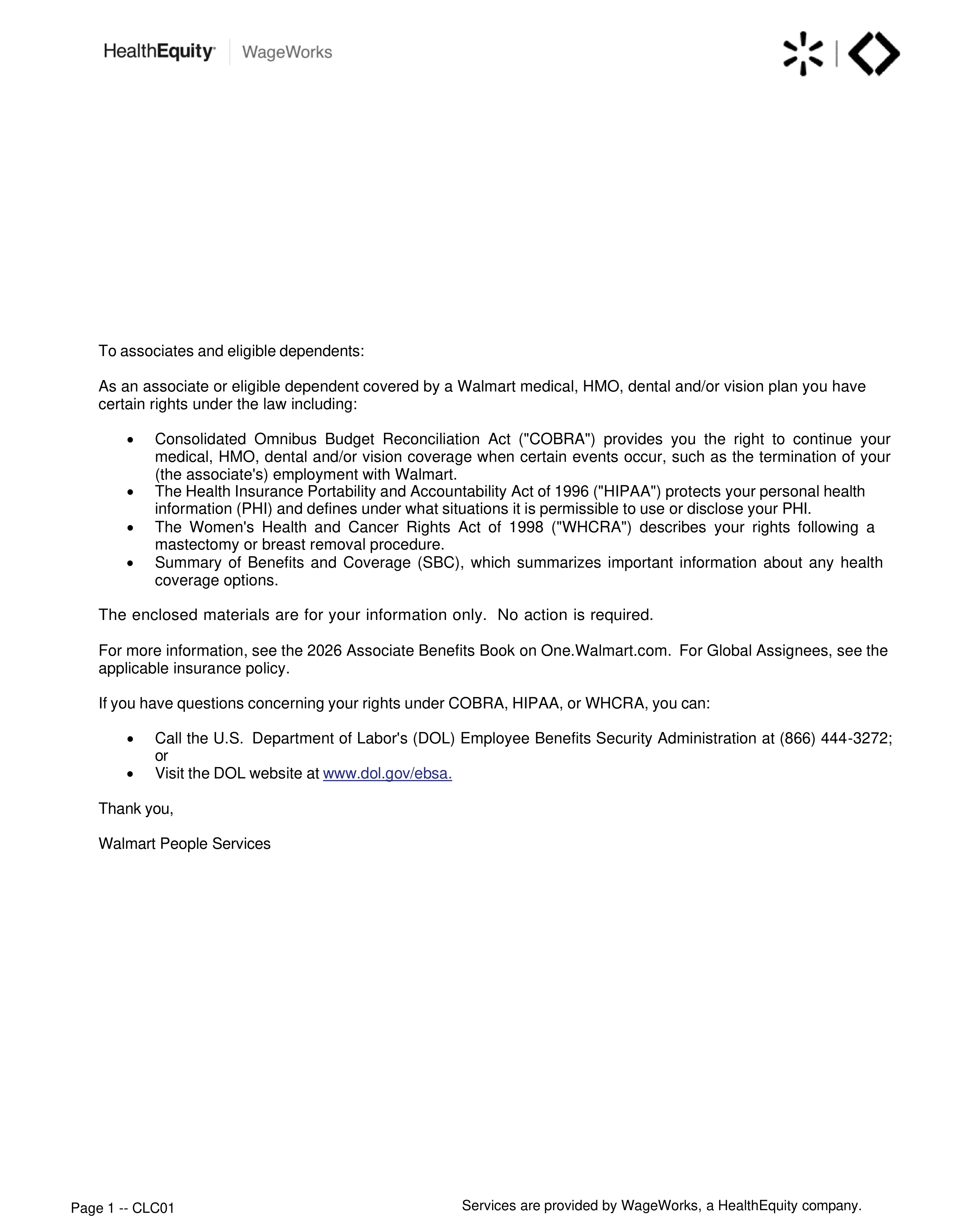 Walmart COBRA Rights Notice — page 1
