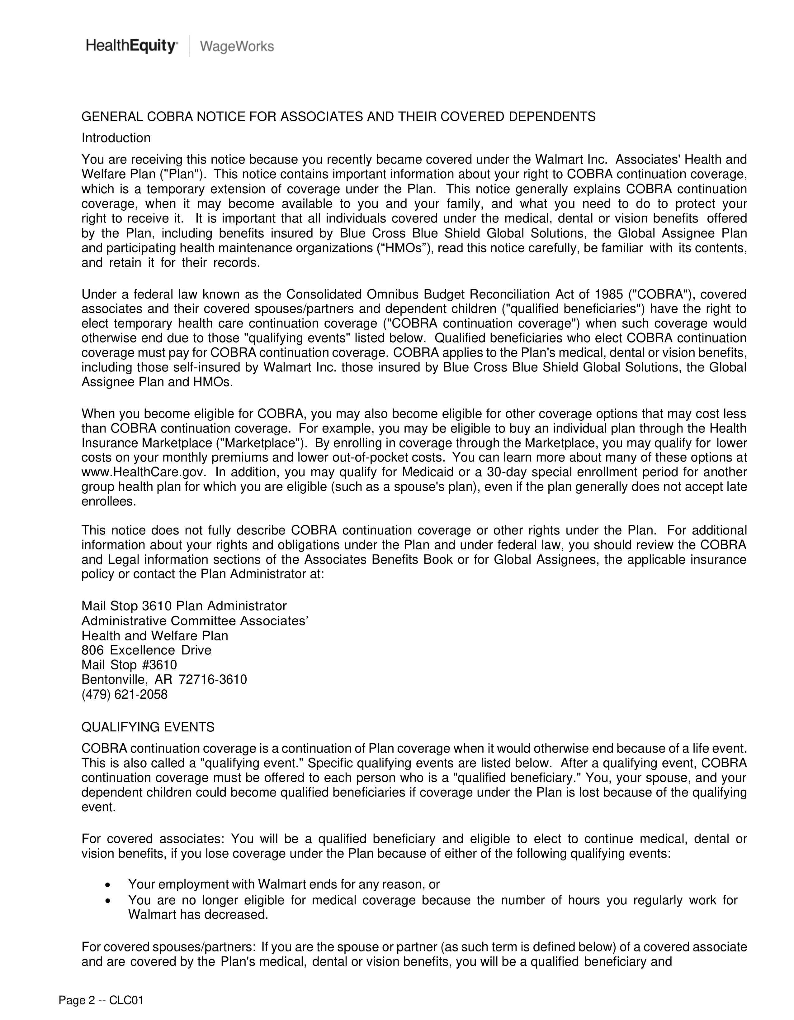 Walmart COBRA Rights Notice — page 2