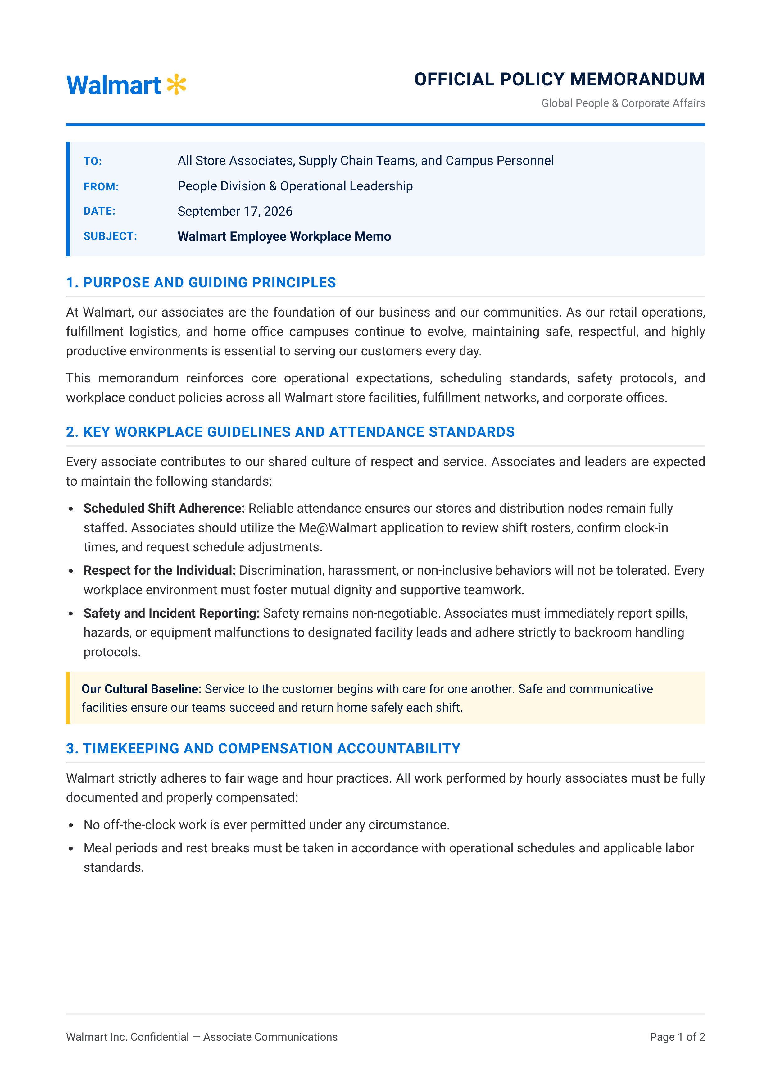 Walmart Employee Workplace Memo — page 1