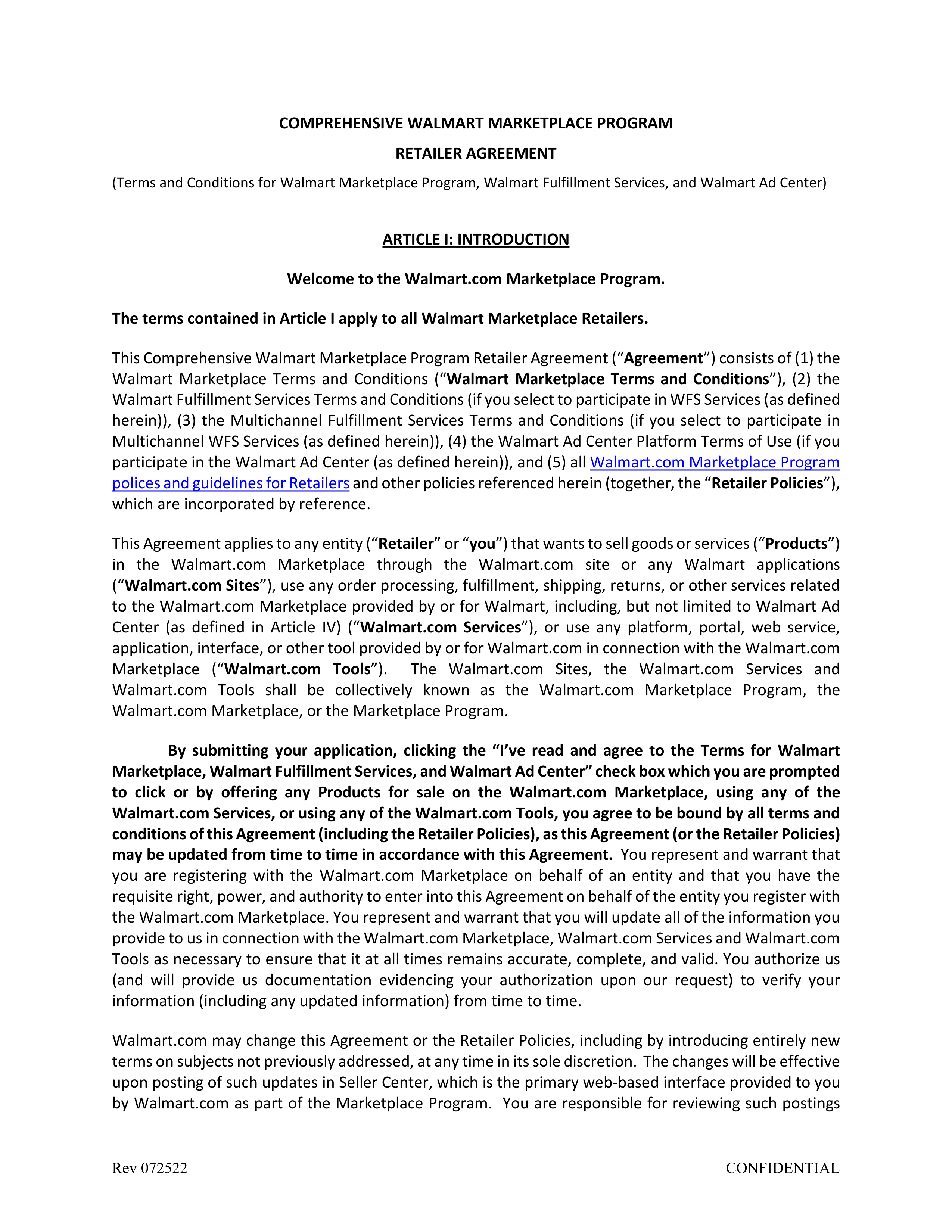 Walmart Marketplace Retailer Agreement — page 1