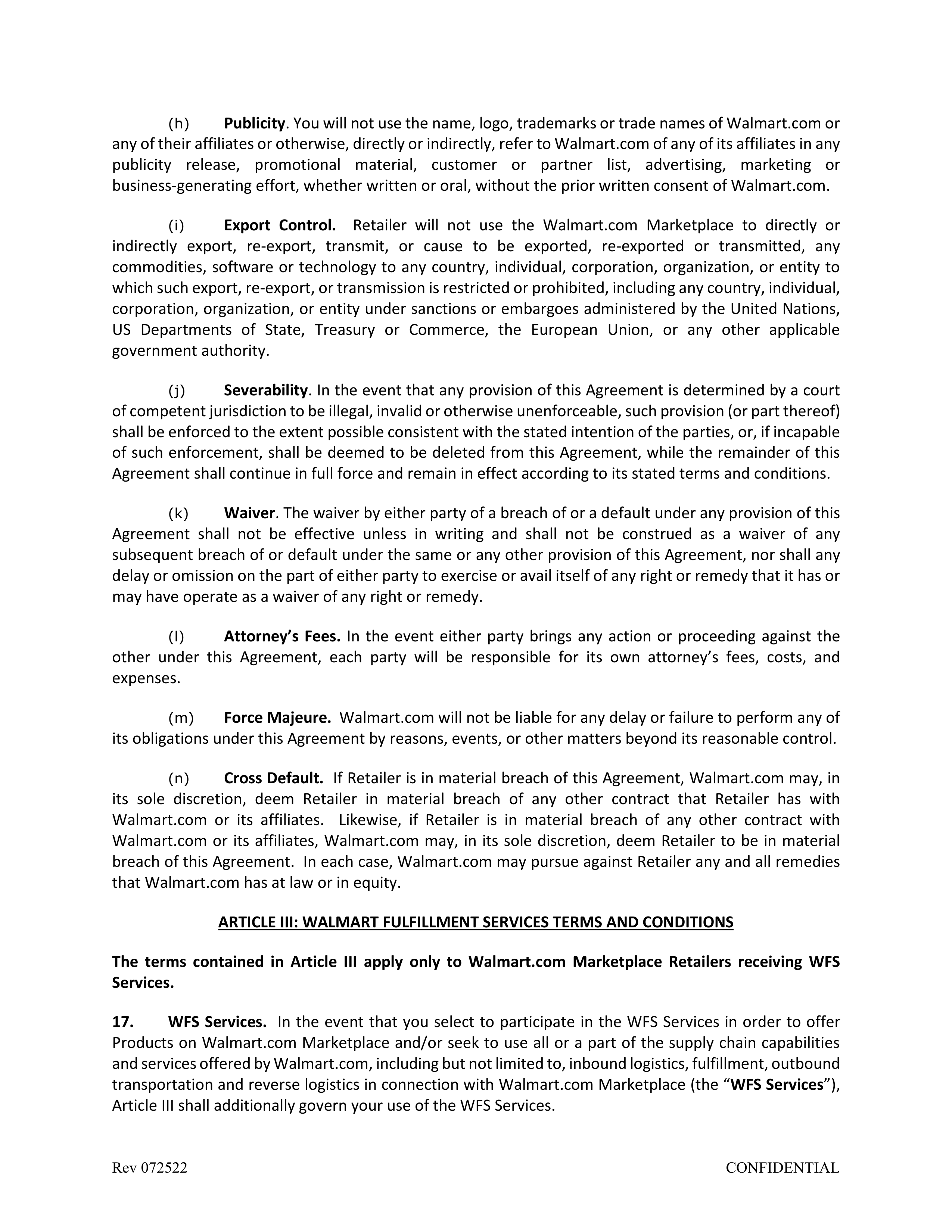 Walmart Marketplace Retailer Agreement — page 13